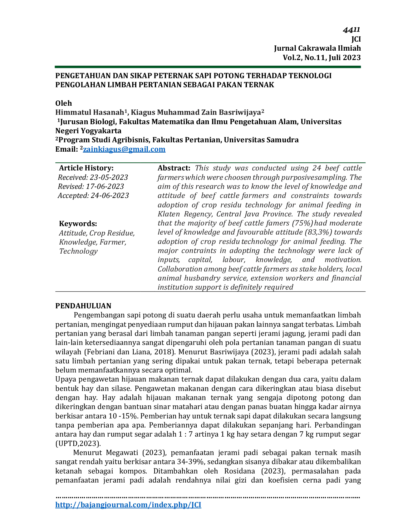 JURIS Pengetahuan Dan Sikap Peternak Sapi Potong Terhadap Teknologi Pengolahan Limbah Pertanian Sebagai Pakan Ternak