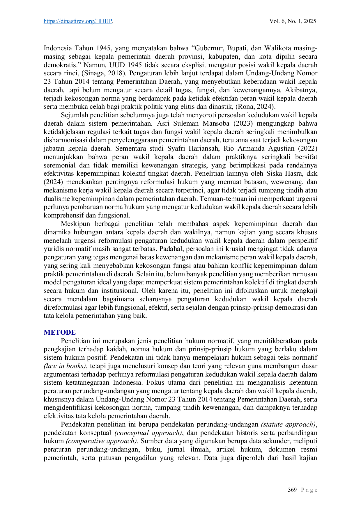 JURIS Reformulasi Pengaturan Kedudukan Wakil Kepala Daerah Dalam Pelaksanaan Pemerintah Daerah
