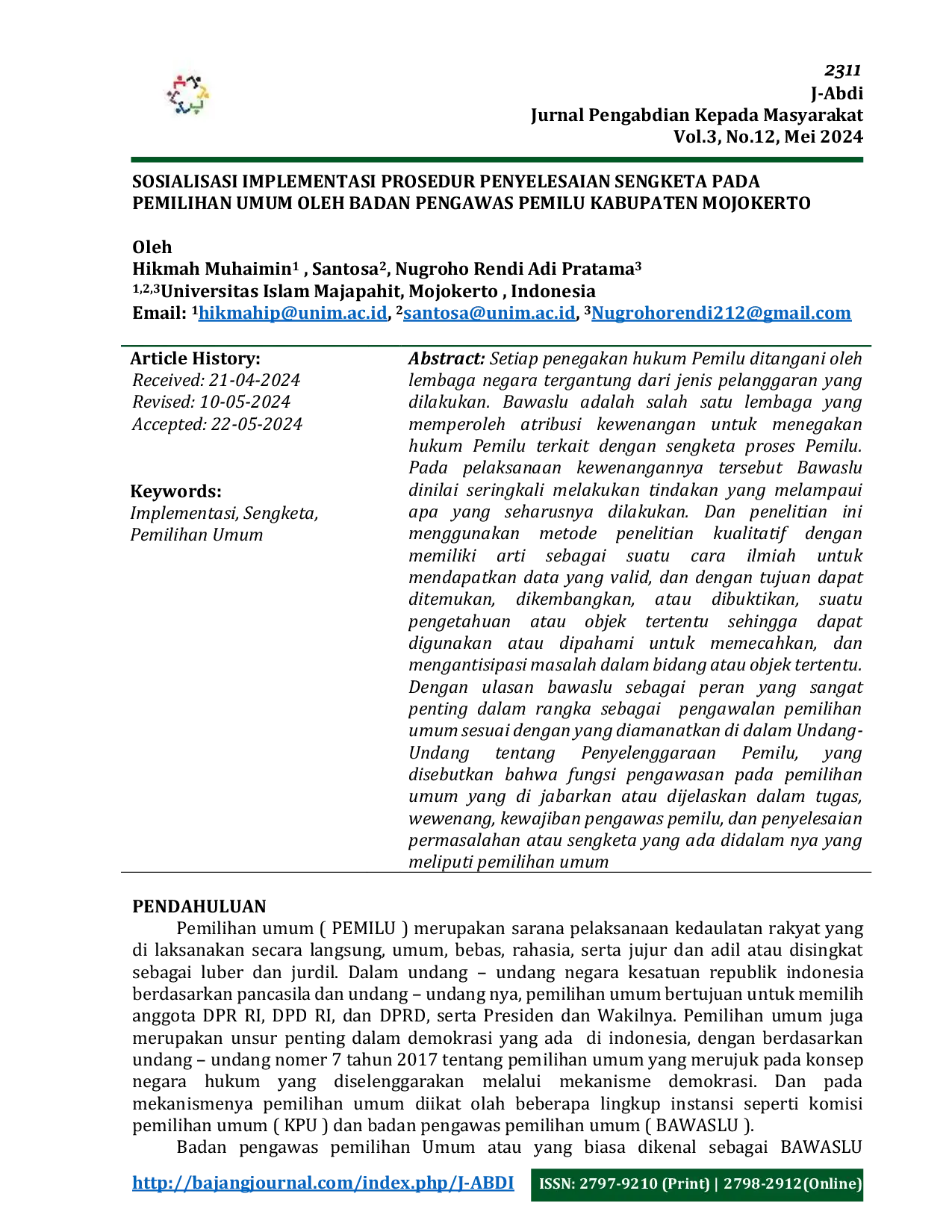 JURIS Sosialisasi Implementasi Prosedur Penyelesaian Sengketa Pada Pemilihan Umum Oleh Badan Pengawas Pemilu Kabupaten Mojokerto