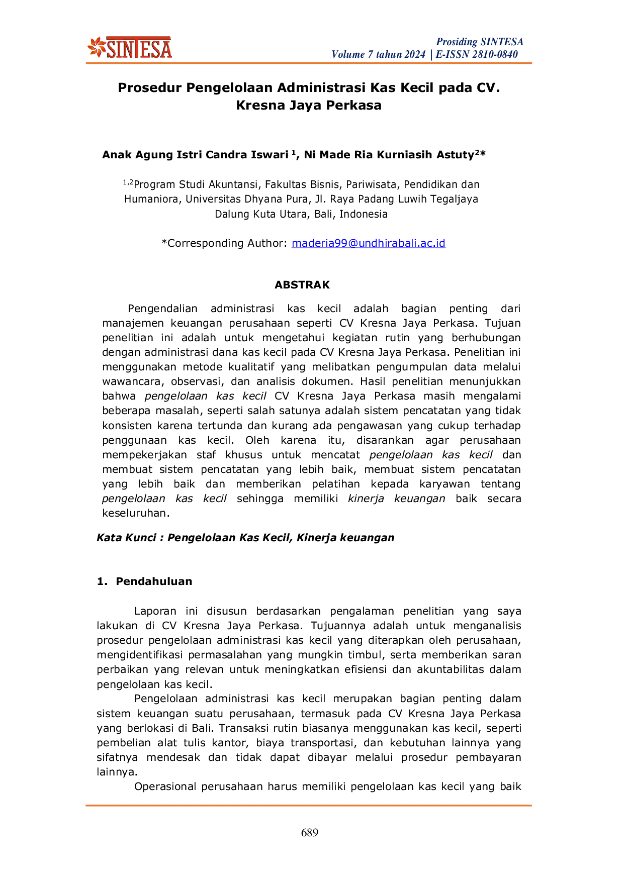 JURIS Prosedur Pengelolaan Administrasi Kas Kecil pada CV Kresna Jaya Perkasa
