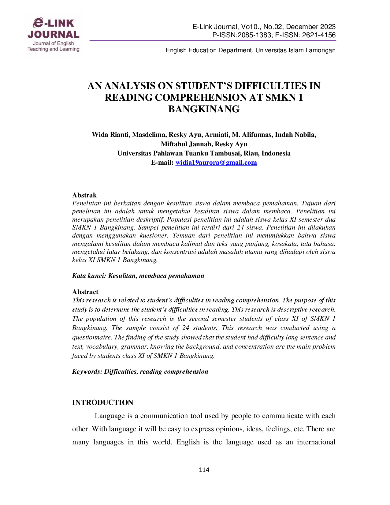 juris An Analysis On Student s Difficulties In Reading Comprehension At Smkn 1 Bangkinang