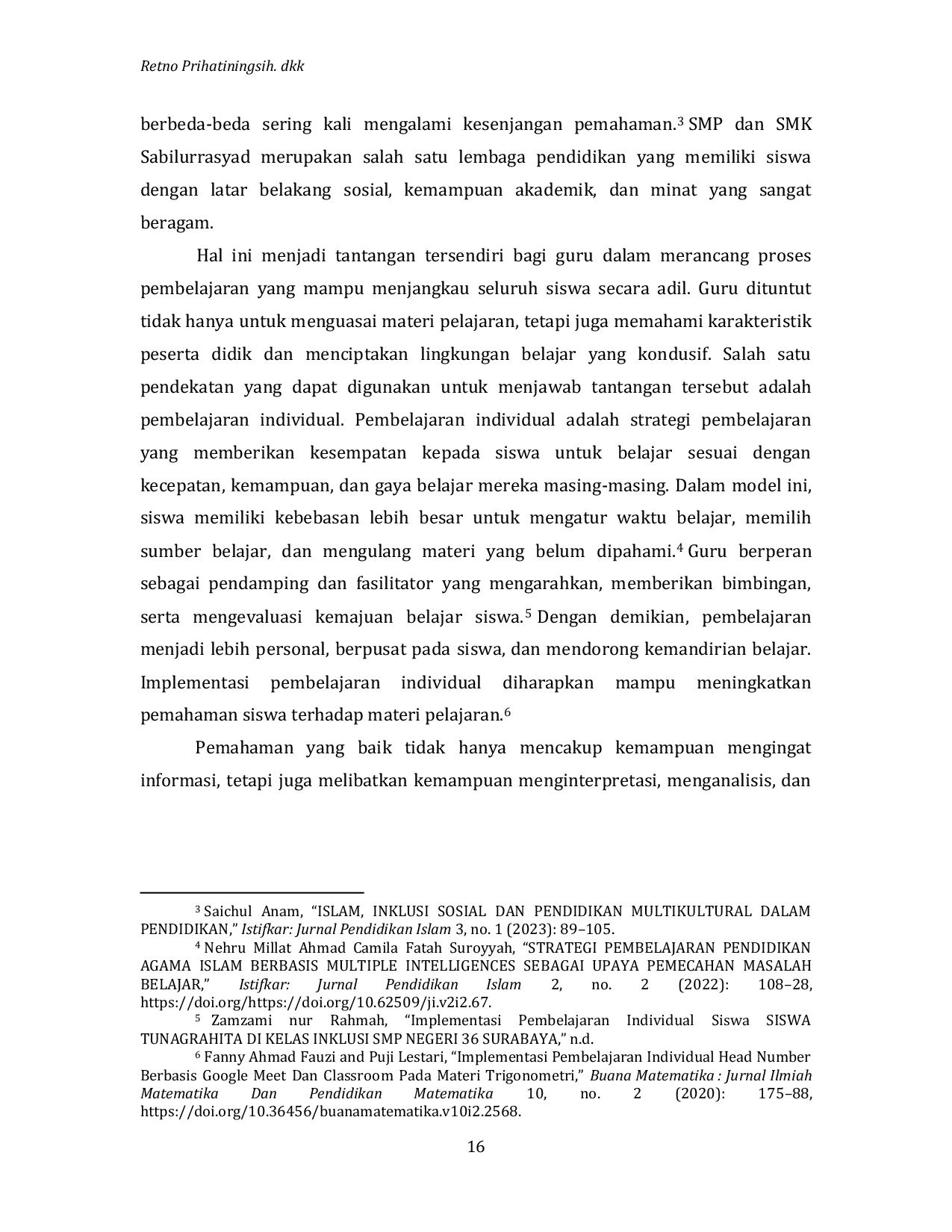 JURIS Implementasi Pembelajaran Individual dalam Meningkatkan Pemahaman Siswa SMP dan SMK Sabilurrasyad