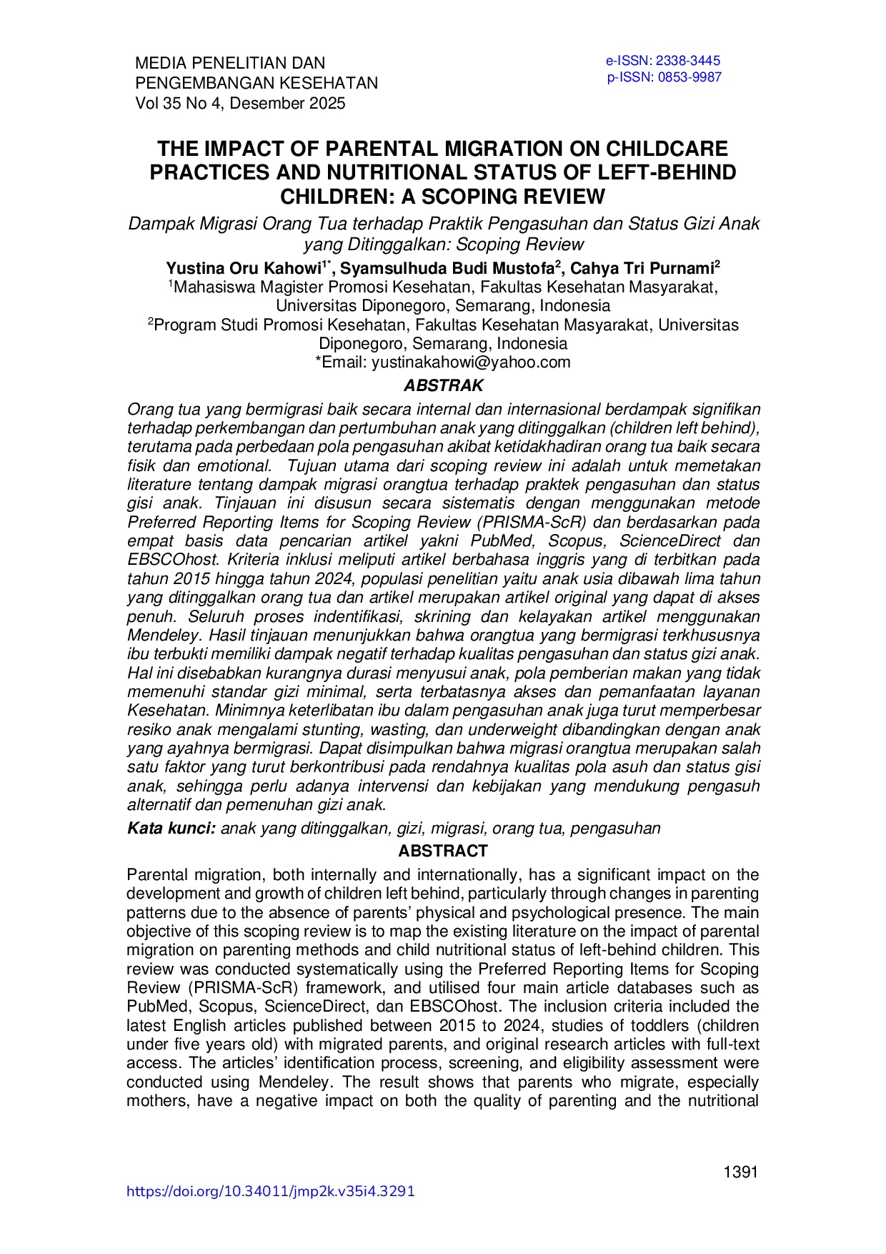 JURIS Dampak Migrasi Orang Tua terhadap Praktik Pengasuhan dan Status Gizi Anak yang Ditinggalkan Scoping Review