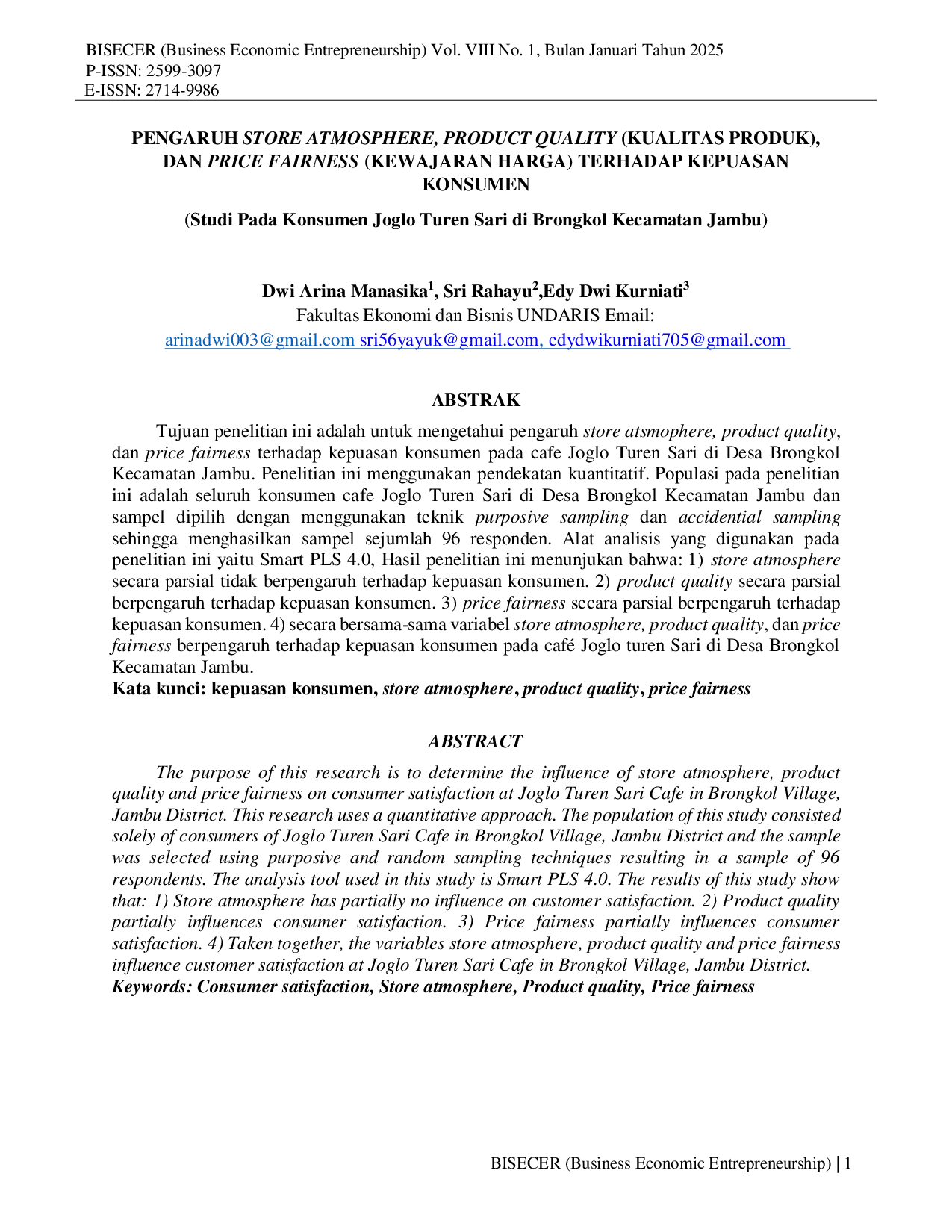 JURIS Pengaruh Store Atmosphere Product Quality Kualitas Produk Dan Price Fairness Kewajaran Harga Terhadap Kepuasan Konsumen