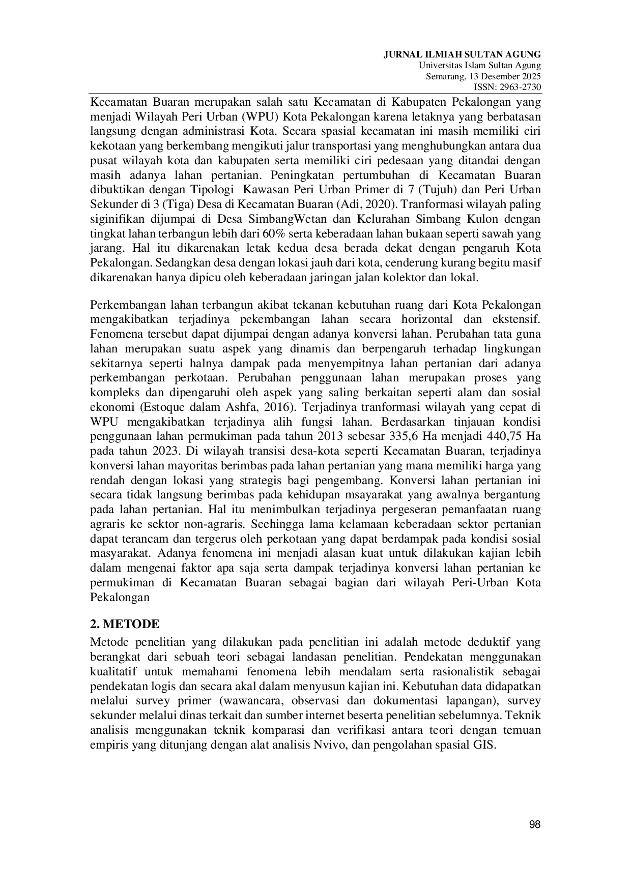 JURIS Konversi Lahan Pertanian Ke Permukiman Di Peri Urban Kecamatan Buaran Kabupaten Pekalongan