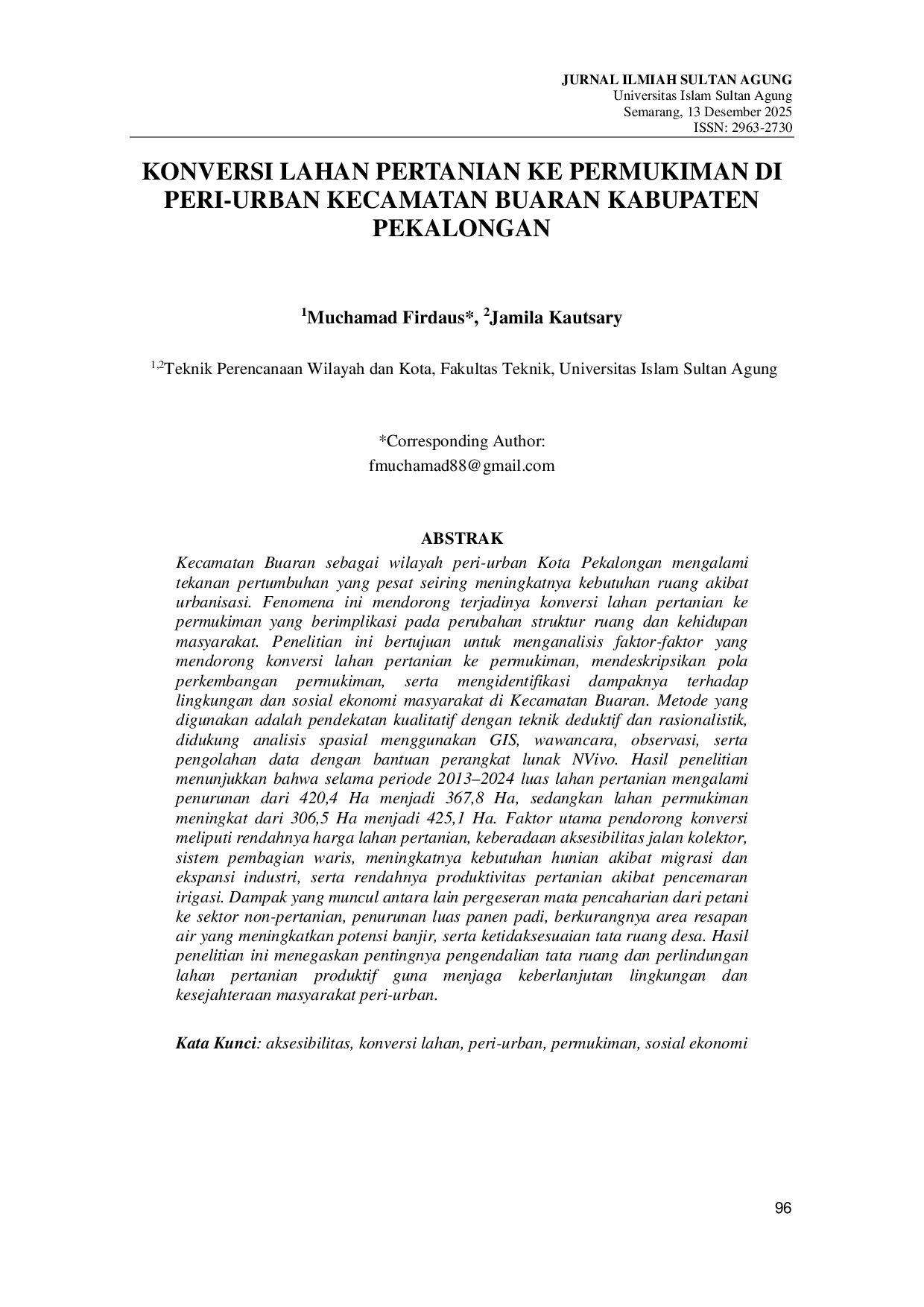 JURIS Konversi Lahan Pertanian Ke Permukiman Di Peri Urban Kecamatan Buaran Kabupaten Pekalongan