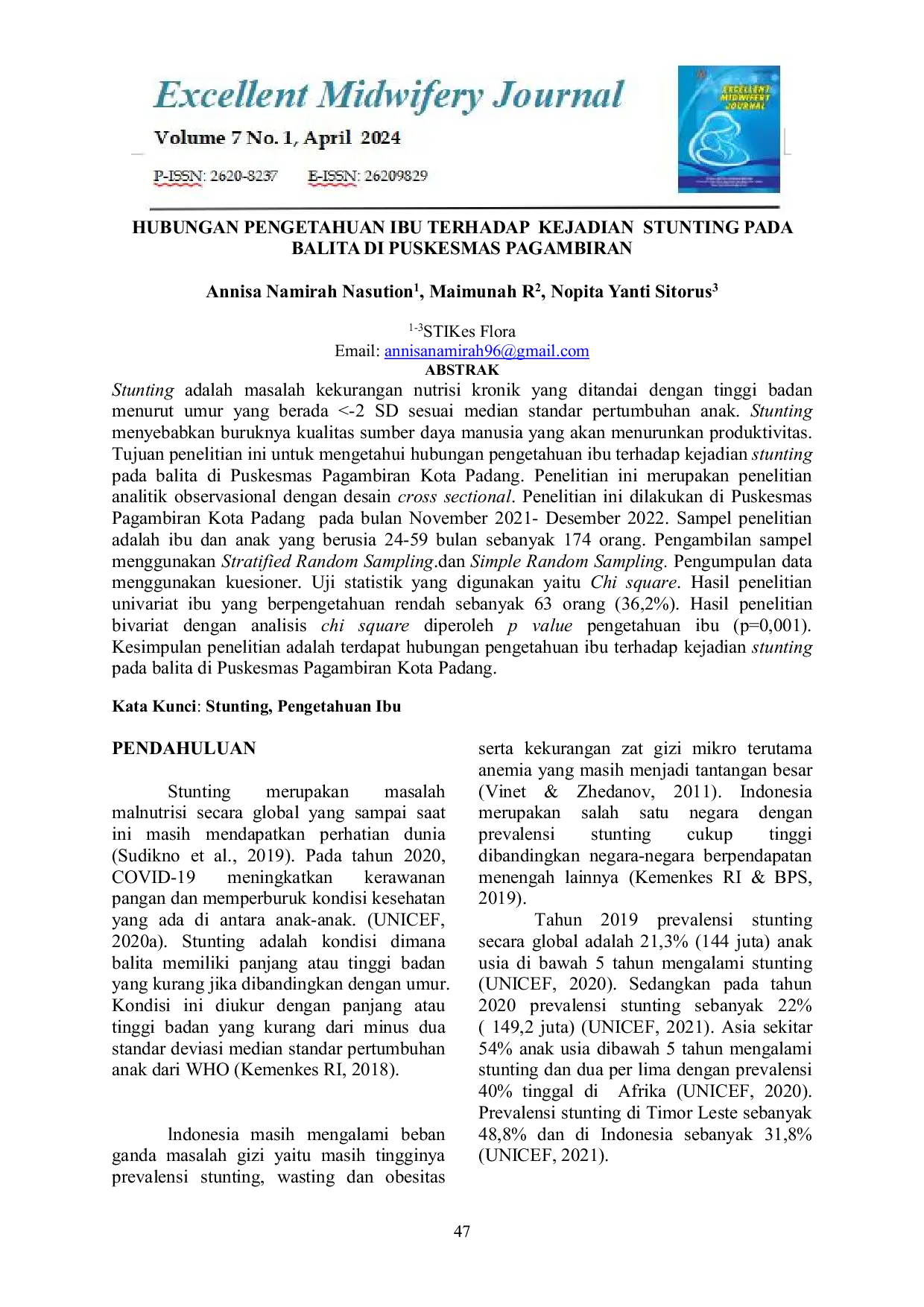 JURIS Hubungan Pengetahuan Ibu Terhadap Kejadian Stunting Pada Balita Di Puskesmas Pagambiran