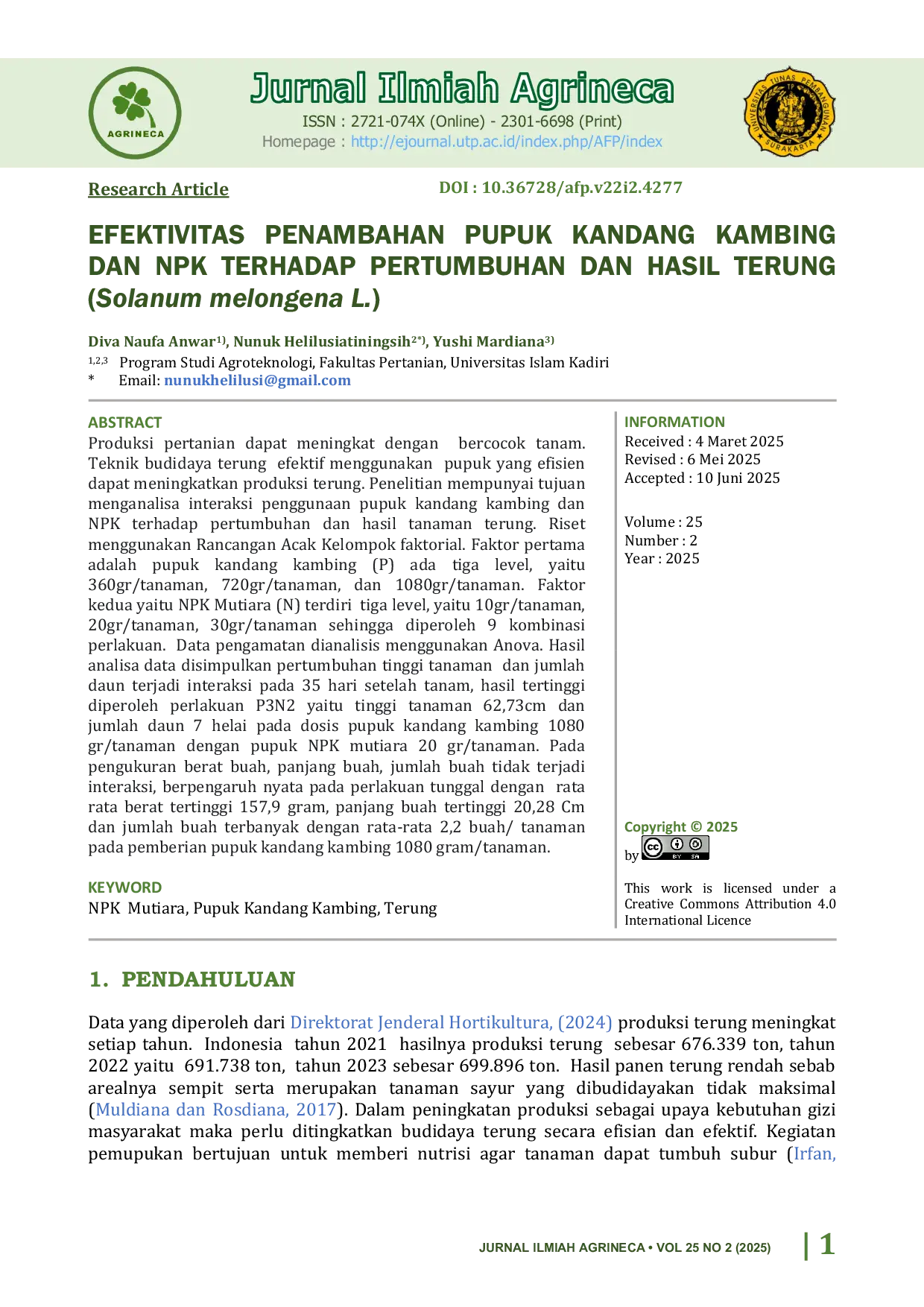 JURIS Efektivitas Penambahan Pupuk Kandang Kambing dan NPK Terhadap Pertumbuhan dan Hasil Terung Solanum melongena L