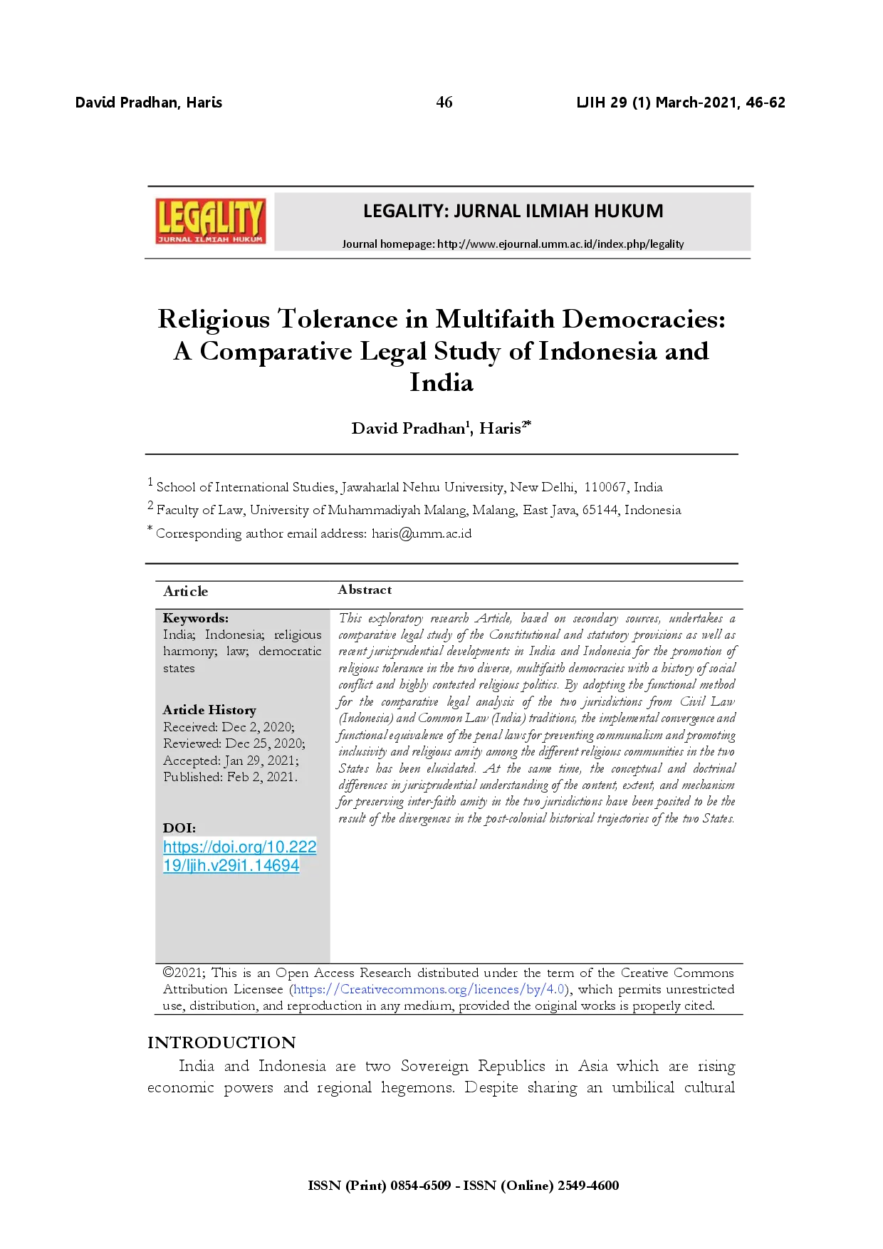 juris Religious tolerance in multifaith democracies a comparative legal study of Indonesia and India