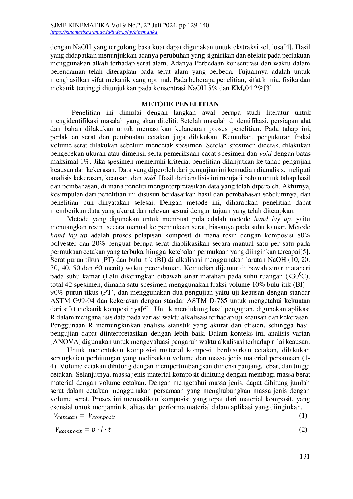 JURIS Pengaruh Alkalisasi Hybrid Komposit Bulu Itik Alabio Dan Serat Purun Tikus Terhadap Keausan Dan Kekerasan