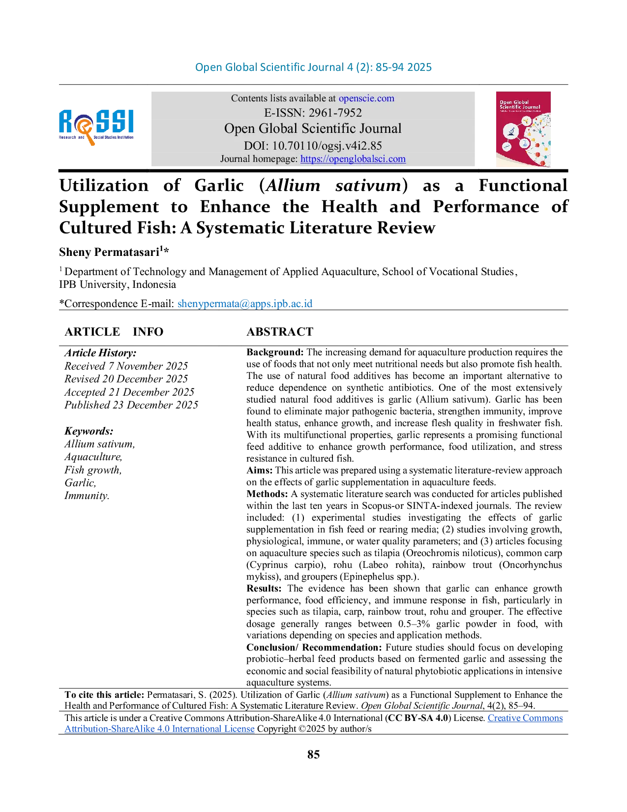 JURIS Utilization of Garlic Allium sativum as a Functional Supplement to Enhance the Health and Performance of Cultured Fish A Systematic Literature Review