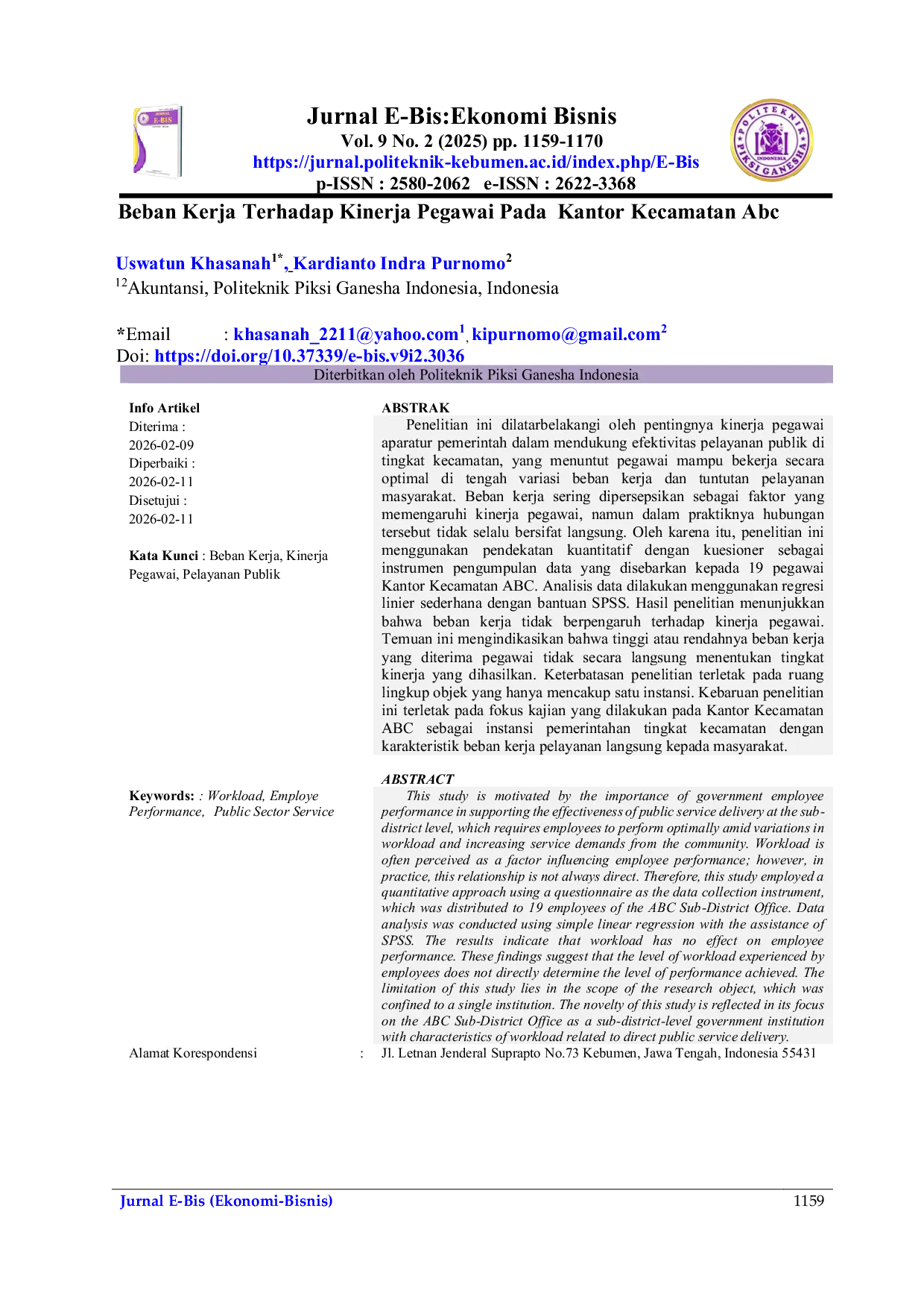 JURIS Beban Kerja Terhadap Kinerja Pegawai Pada Kantor Kecamatan Abc