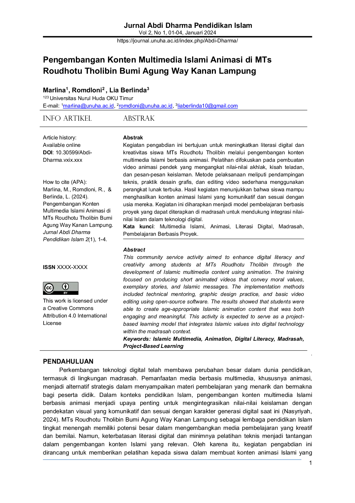 JURIS Development of Islamic Multimedia Content through Animation at MTs Roudhotu Tholibin Bumi Agung Way Kanan Lampung