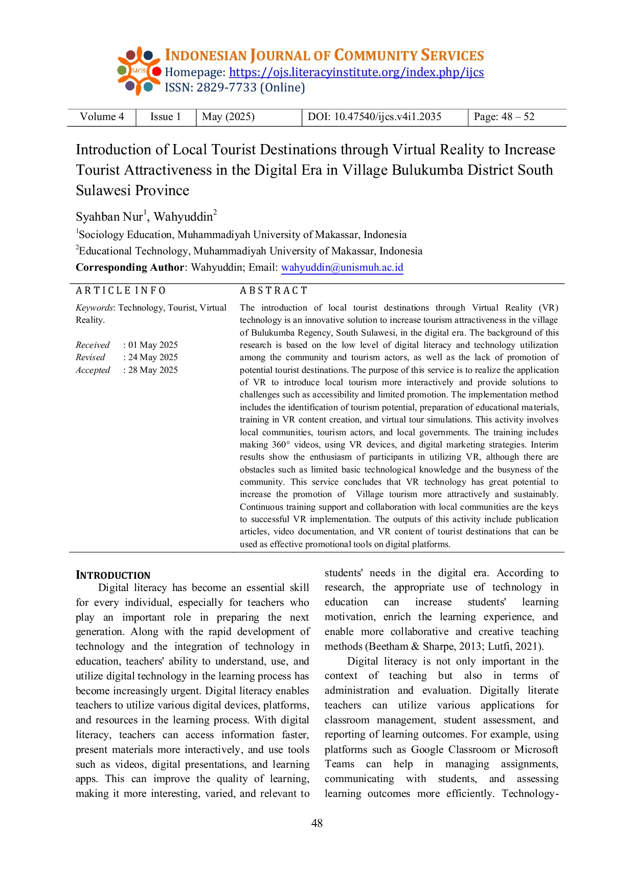 JURIS Introduction of Local Tourist Destinations through Virtual Reality to Increase Tourist Attractiveness in the Digital Era in Village Bulukumba District South Sulawesi Province