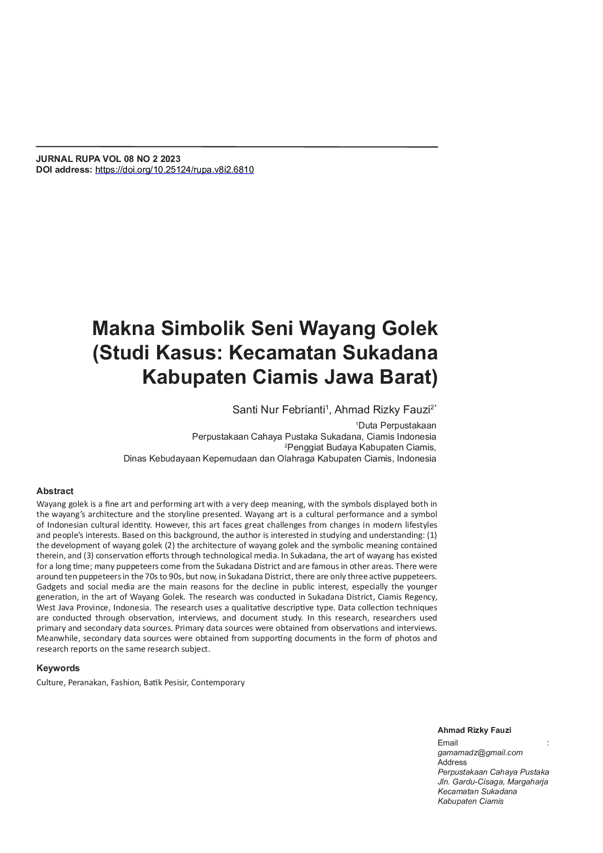 JURIS Makna Simbolik Seni Wayang Golek Studi Kasus Kecamatan Sukadana Kabupaten Ciamis Jawa Barat