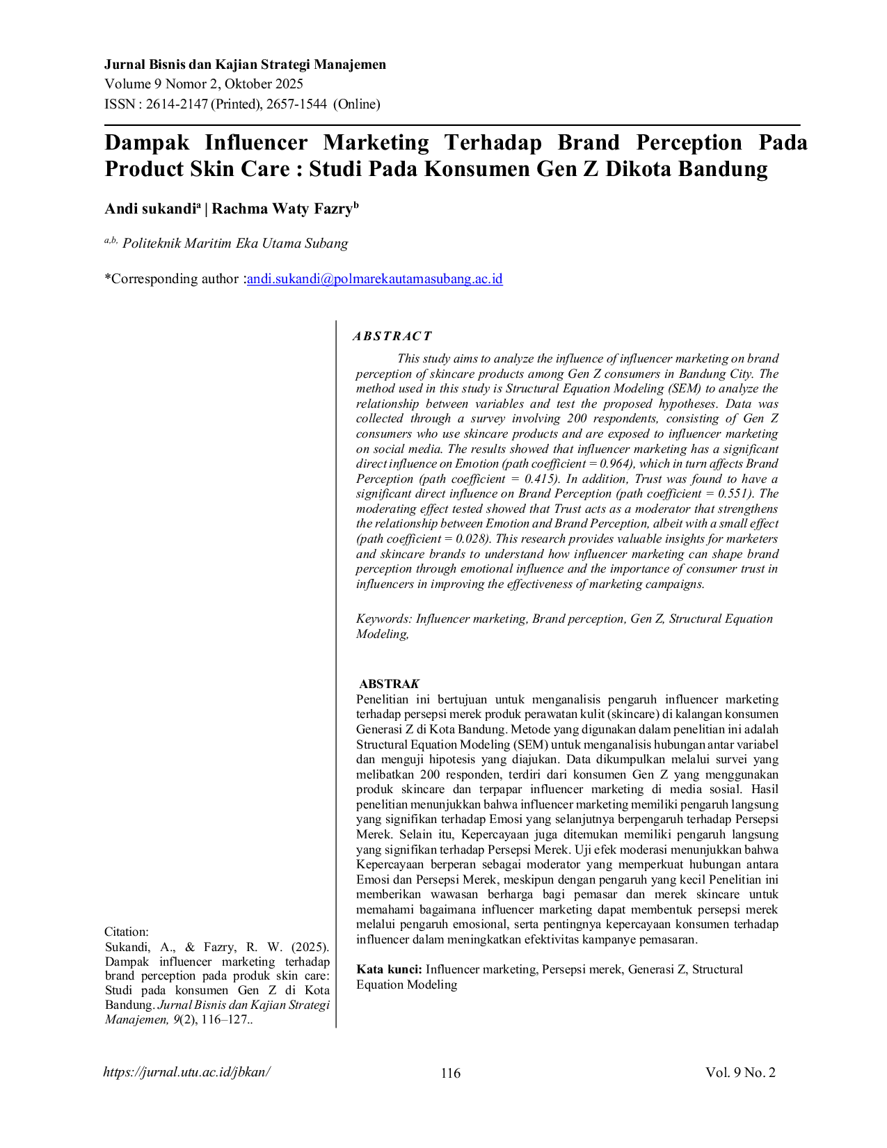 JURIS Dampak Influencer Marketing terhadap Brand Perception pada product skin care Studi pada Konsumen Gen Z dikota Bandung
