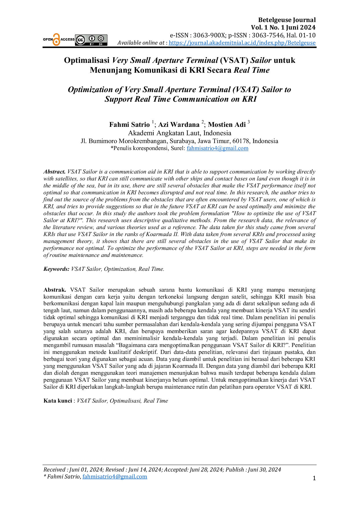 JURIS Optimalisasi Very Small Aperture Terminal VSAT Sailor untuk Menunjang Komunikasi di KRI Secara Real Time