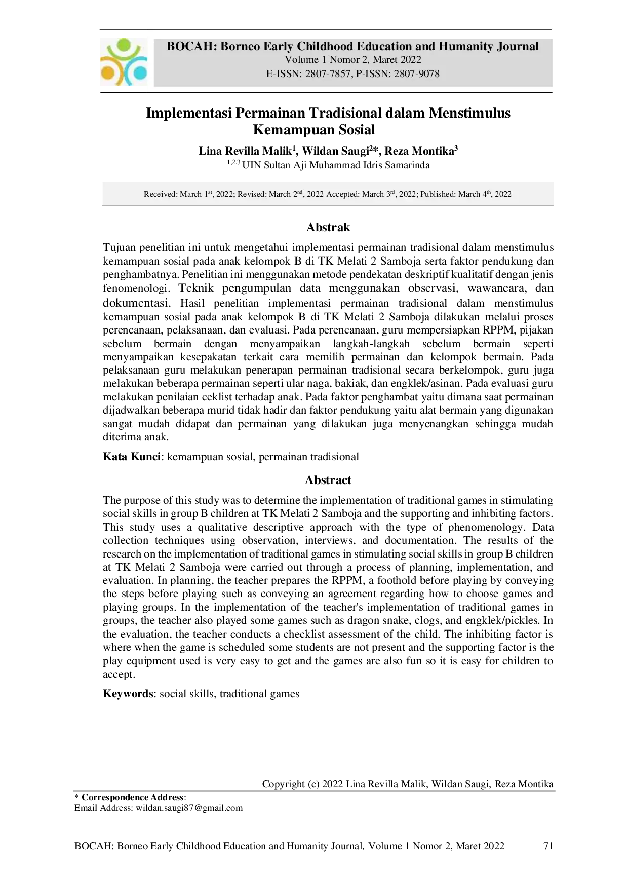 JURIS Implementasi Permainan Tradisional dalam Menstimulus Kemampuan Sosial