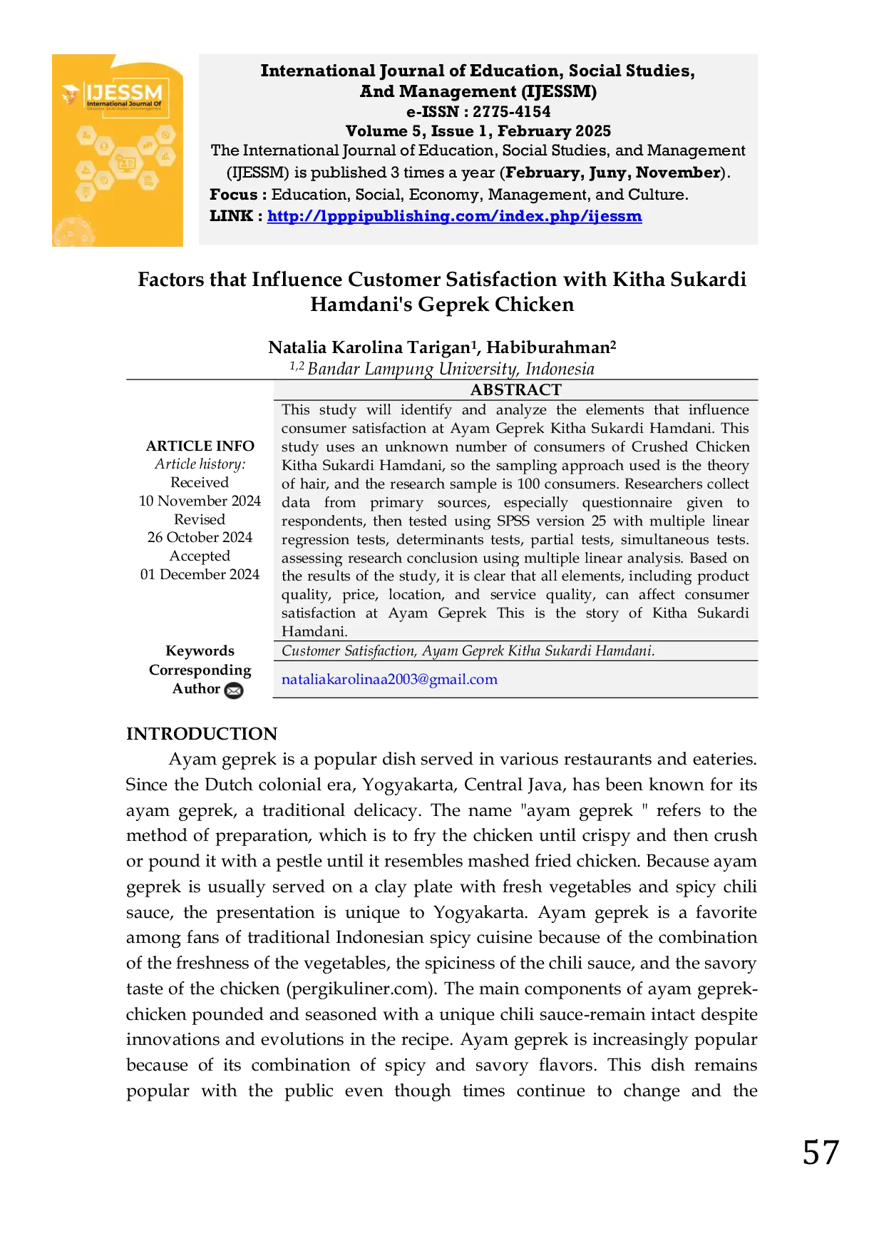 JURIS Factors that Influence Customer Satisfaction with Kitha Sukardi Hamdani s Geprek Chicken