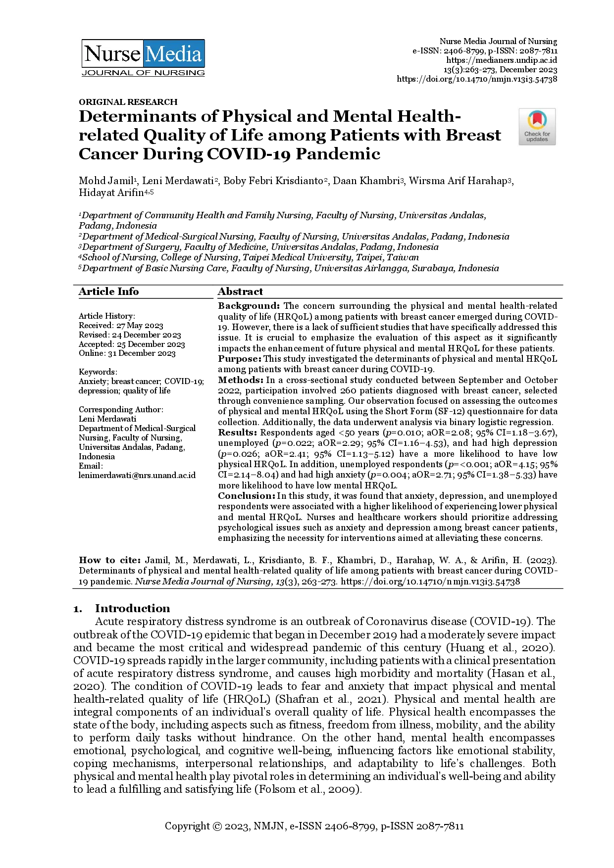 juris Determinants of Physical and Mental Health Related Quality of Life Among Patients with Breast Cancer During COVID 19 Pandemic