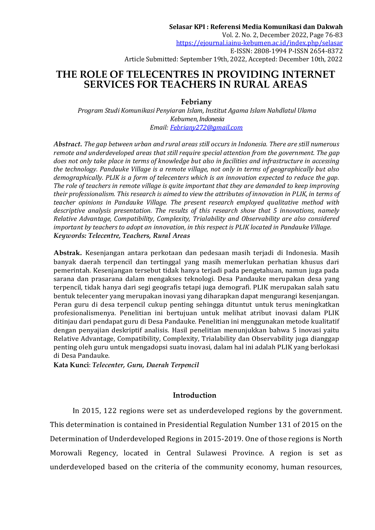 JURIS The Role of Telecentres in Providing Internet Services for Teachers in Rural Areas
