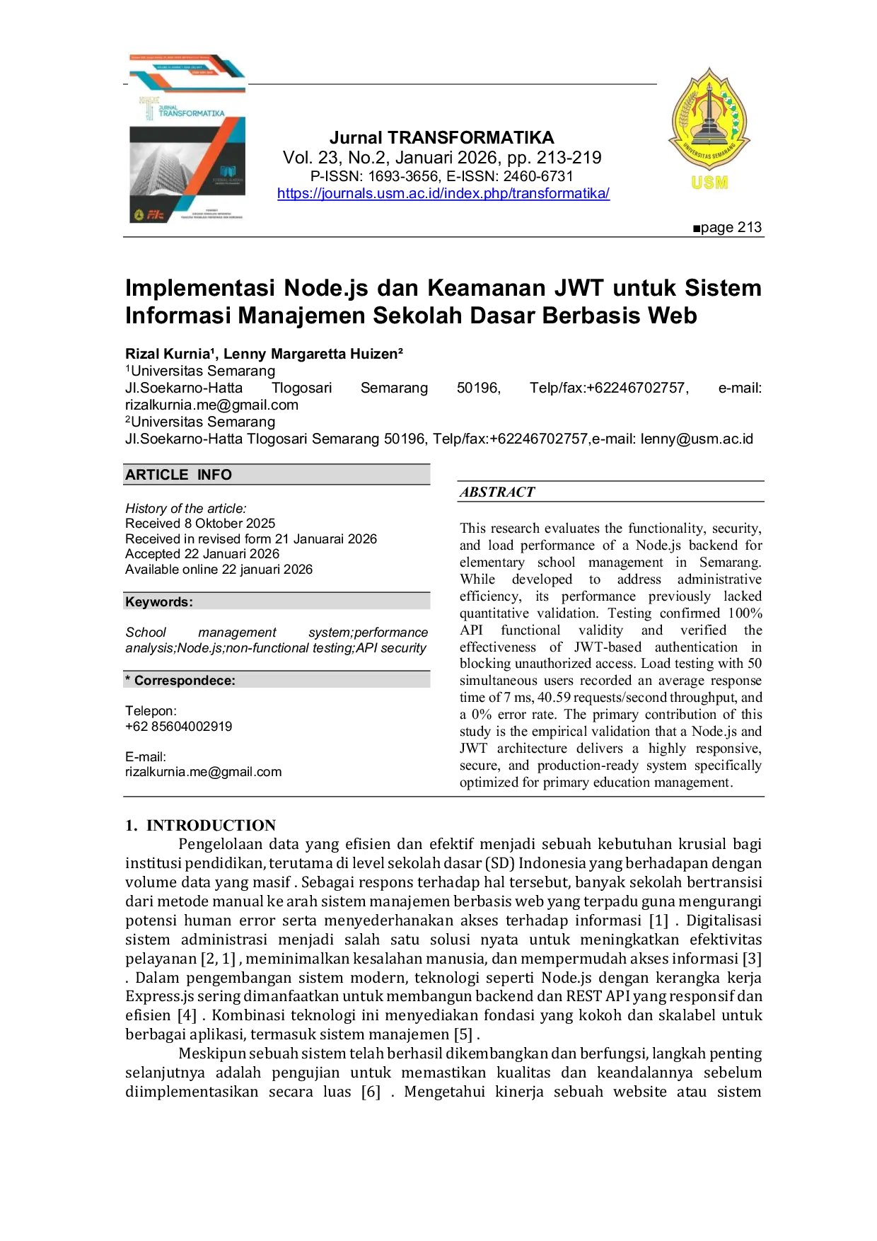 JURIS Implementasi Node js dan Keamanan JWT untuk Sistem Informasi Manajemen Sekolah Dasar Berbasis Web