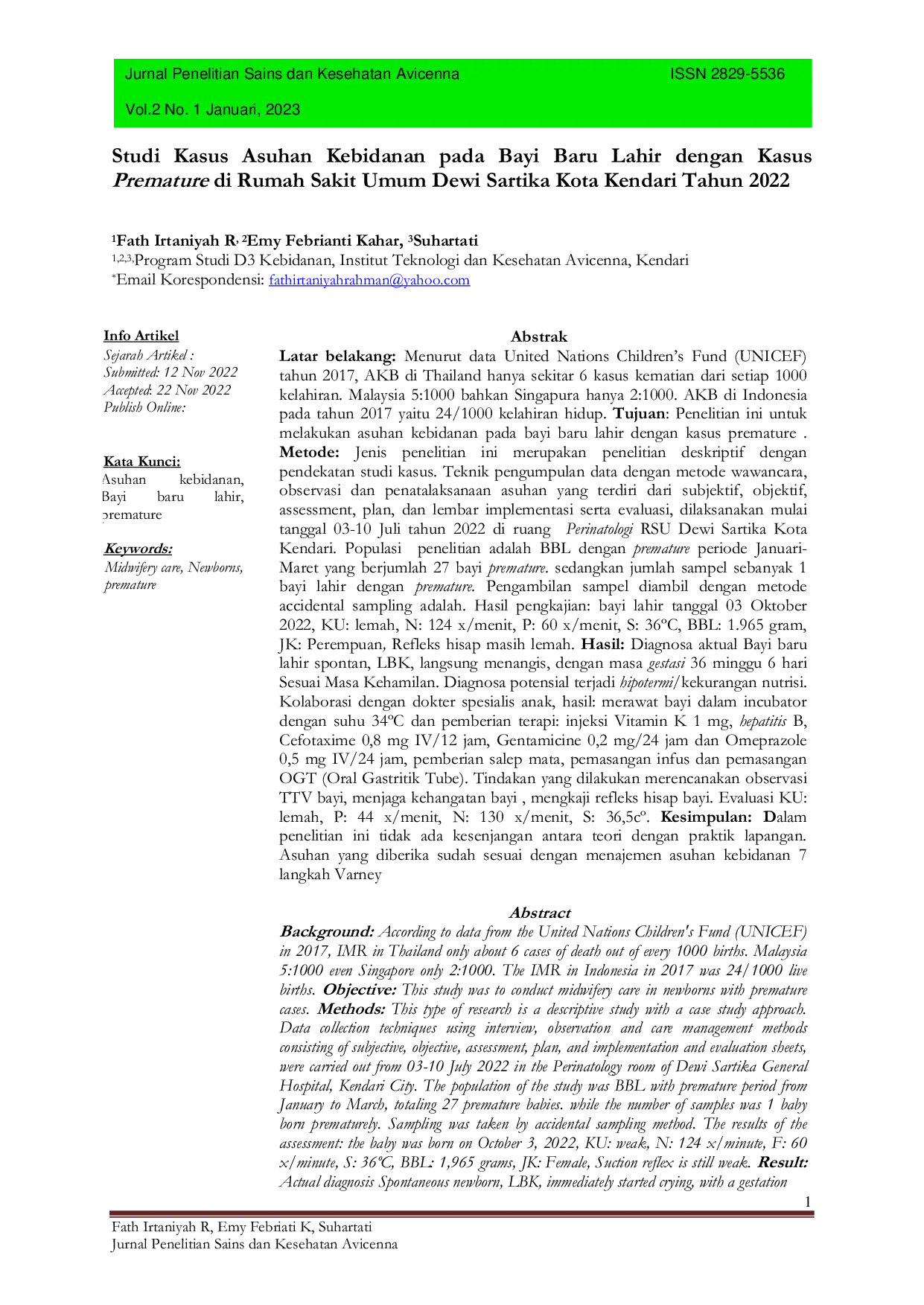 JURIS Studi Kasus Asuhan Kebidanan pada Bayi Baru Lahir dengan Kasus Premature di Rumah Sakit Umum Dewi Sartika Kota Kendari Tahun 2022