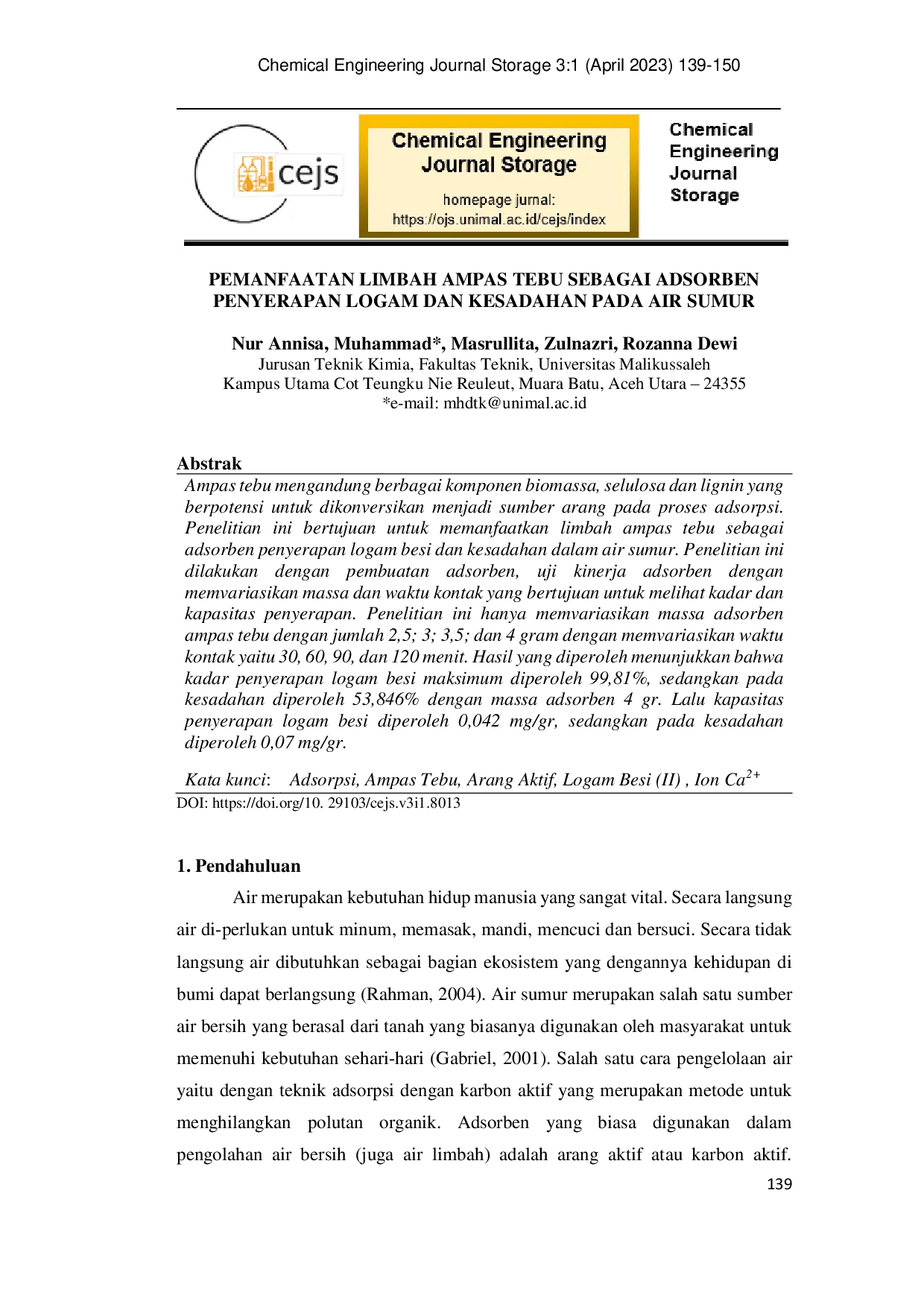 JURIS Pemanfaatan Limbah Ampas Tebu Sebagai Adsorben Penyerapan Logam Dan Kesadahan Pada Air Sumur