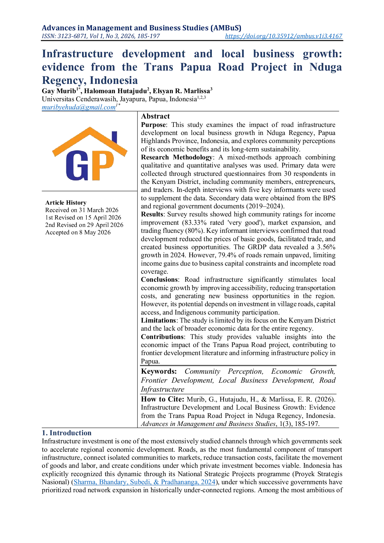 JURIS Infrastructure development and local business growth evidence from the Trans Papua Road Project in Nduga Regency Indonesia
