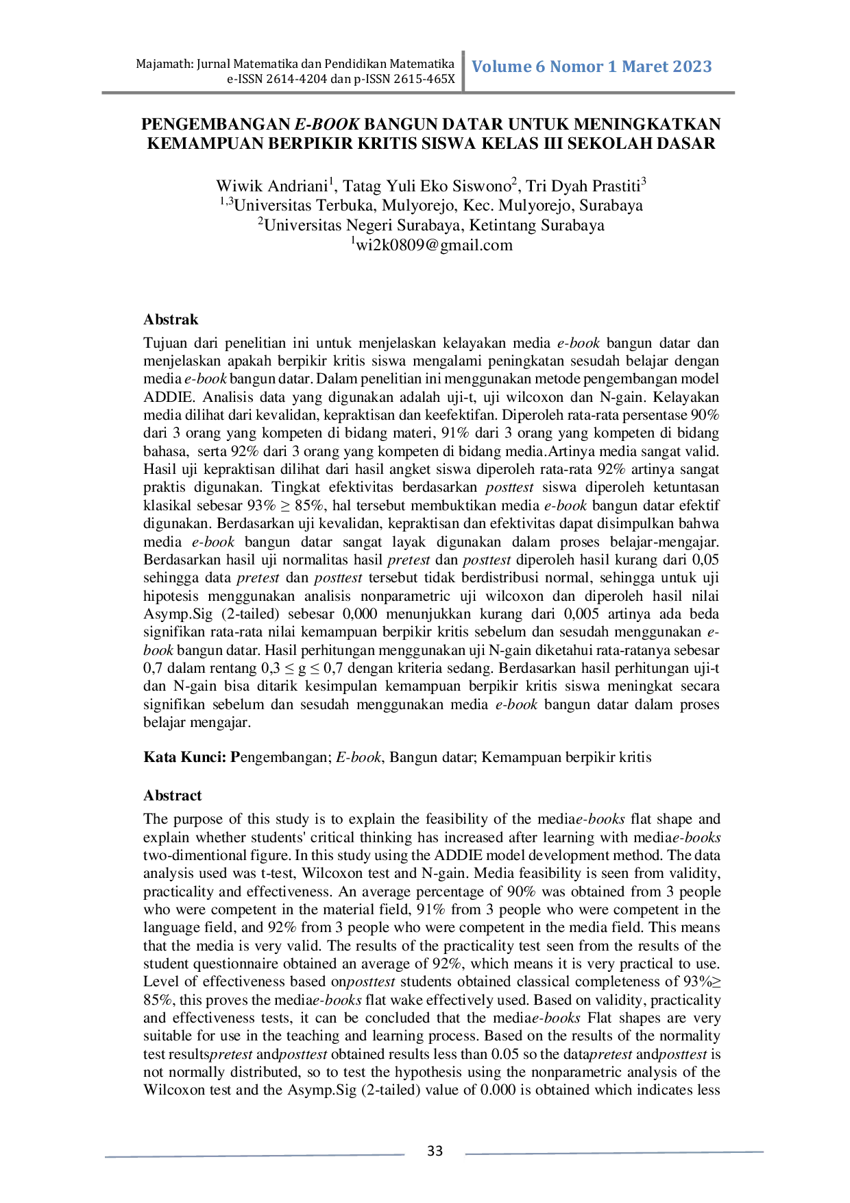 JURIS Pengembangan E Book Bangun Datar untuk Meningkatkan Kemampuan Berpikir Kritis Siswa Kelas III Sekolah Dasar