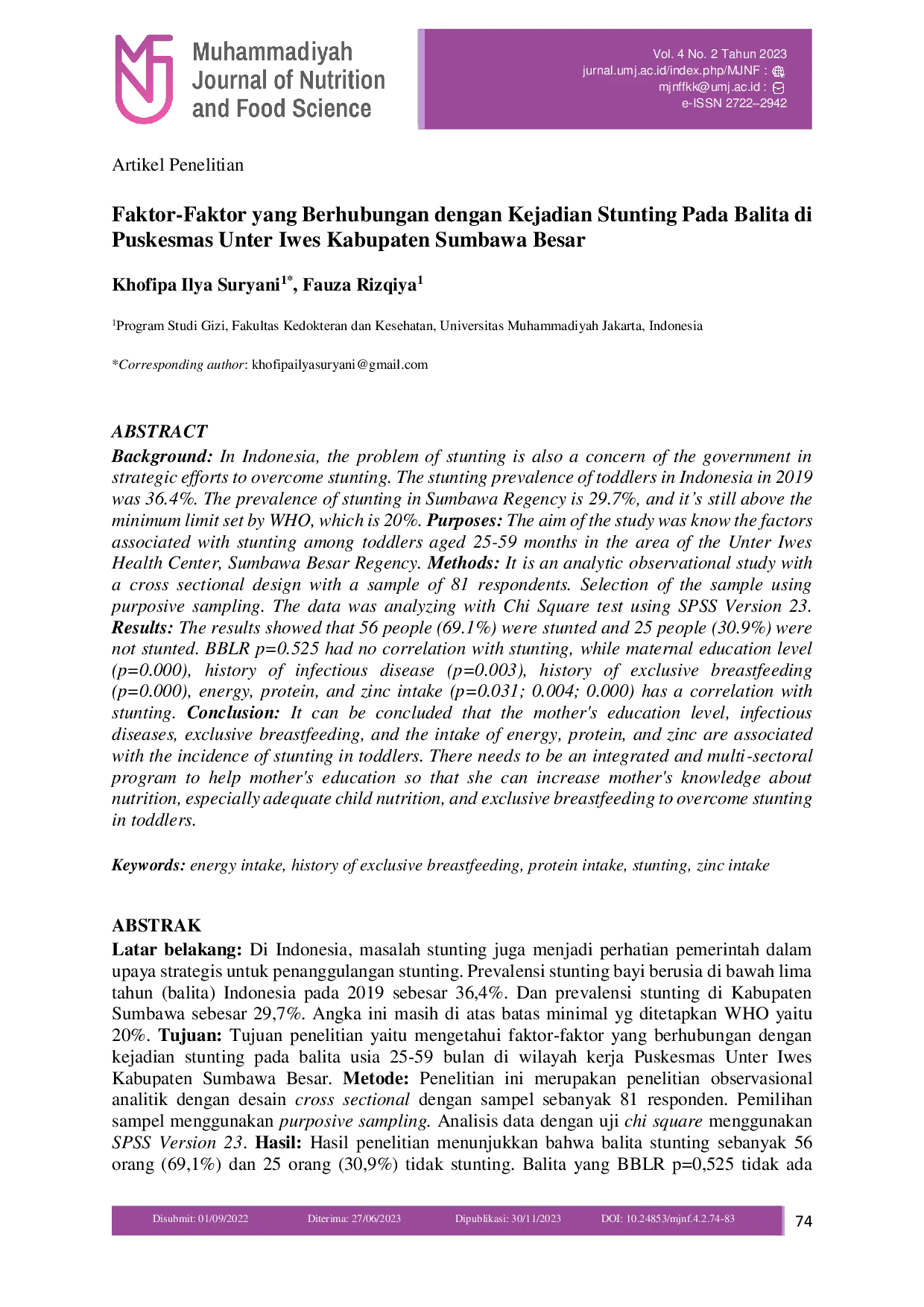 JURIS Faktor Faktor yang Berhubungan dengan Kejadian Stunting Pada Balita di Puskesmas Unter Iwes Kabupaten Sumbawa Besar