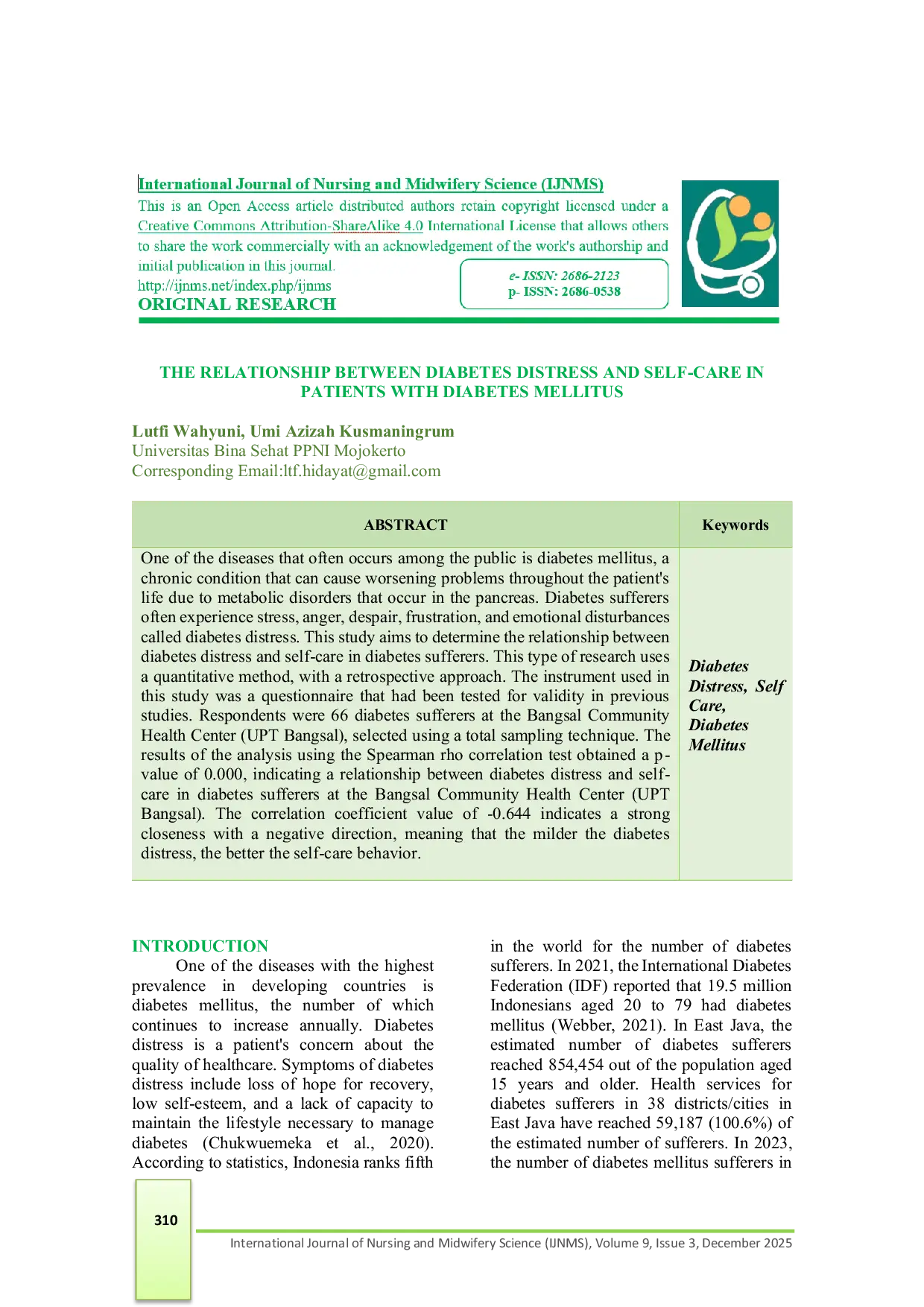 JURIS The Relationship Between Diabetes Distress and Self Care in Patients with Diabetes Mellitus