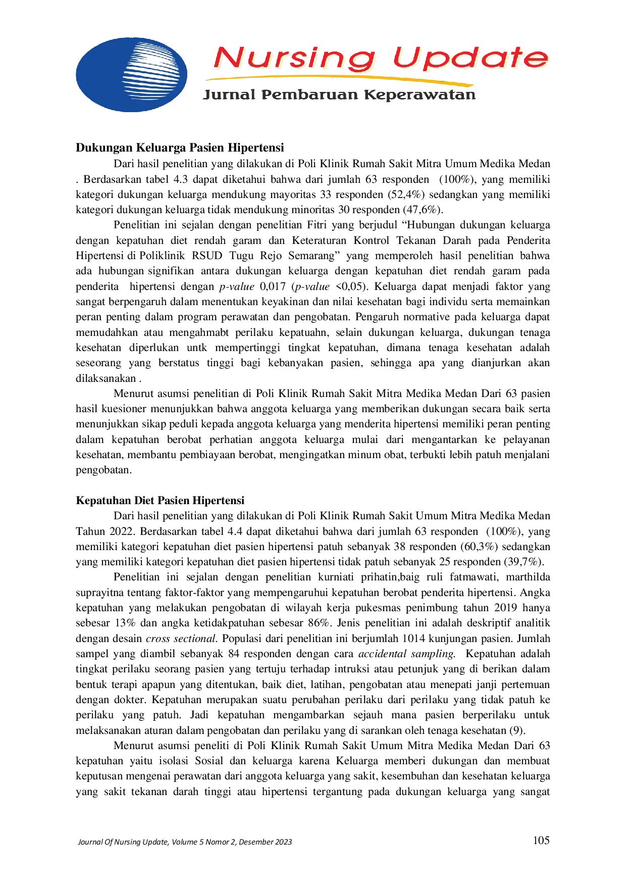 JURIS Hubungan Motivasi dan Dukungan Keluarga dengan Tingkat Kepatuhan Diet Pasien Hipertensi di Poli Klinik Rumah Sakit Umum Mitra Medika