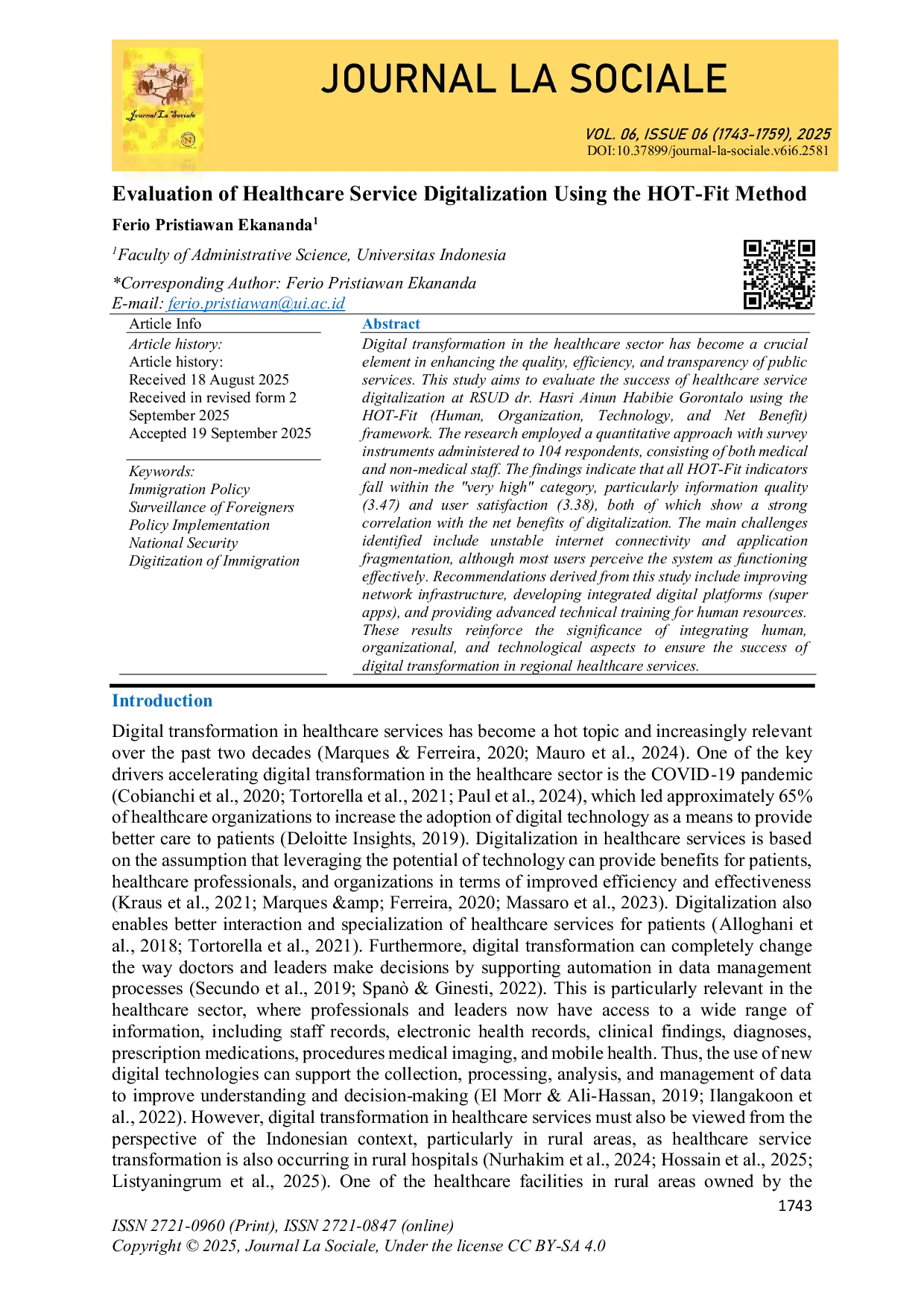 JURIS Evaluasi Digitalisasi Pelayanan Kesehatan Menggunakan Metode HOT Fit