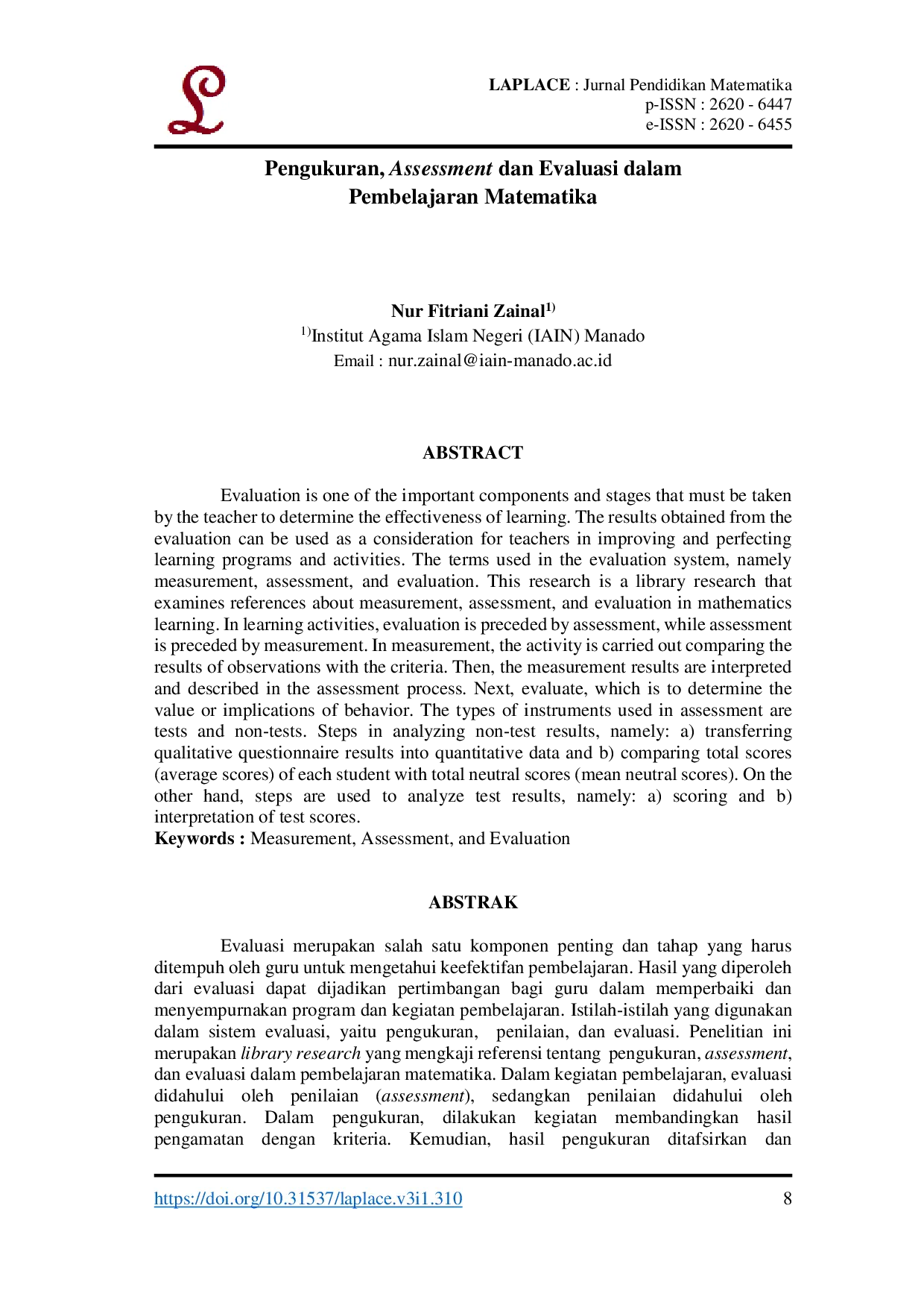 JURIS Pengukuran Assessment dan Evaluasi dalam Pembelajaran Matematika