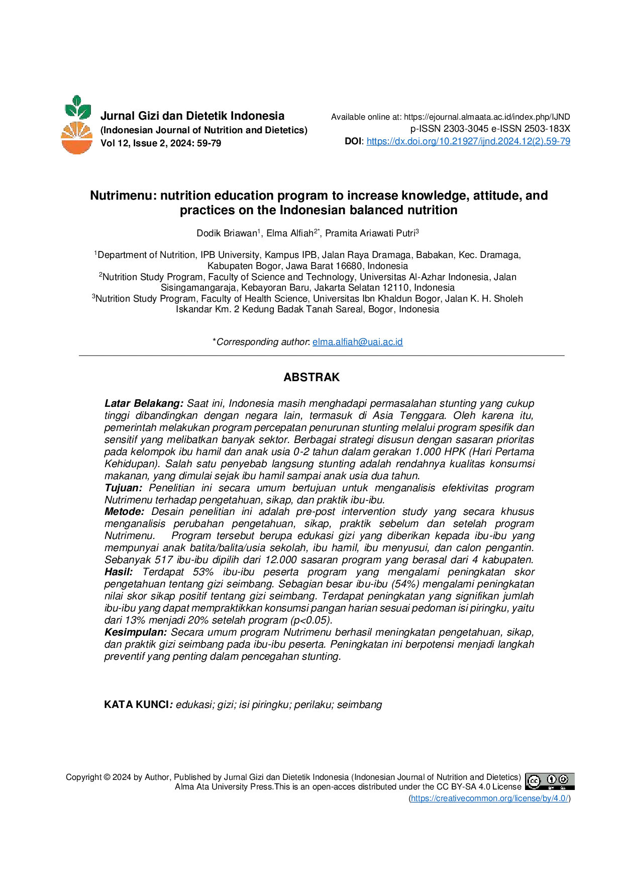 JURIS Nutrimenu Nutrition Education Program to Increase Knowledge Attitude and Practices on the Indonesian Balanced Nutrition