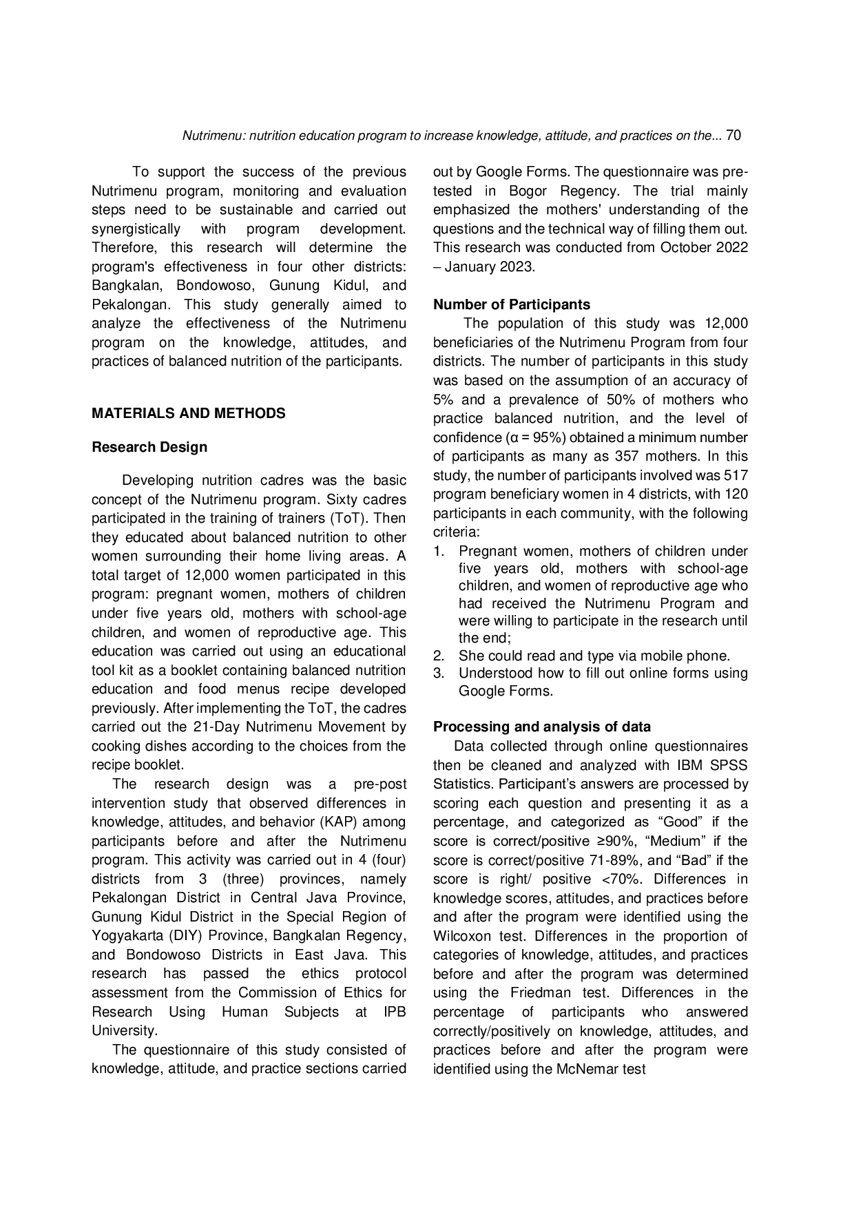 JURIS Nutrimenu Nutrition Education Program to Increase Knowledge Attitude and Practices on the Indonesian Balanced Nutrition