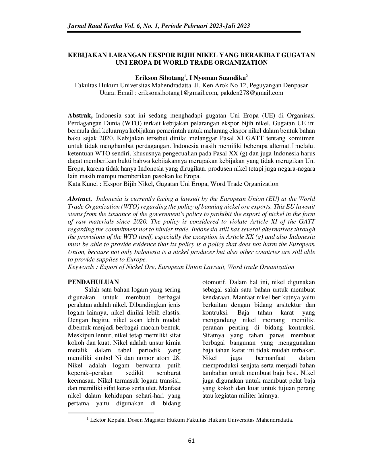 JURIS Kebijakan Larangan Ekspor Bijih Nikel yang Berakibat Gugatan Uni Eropa di World Trade Organization