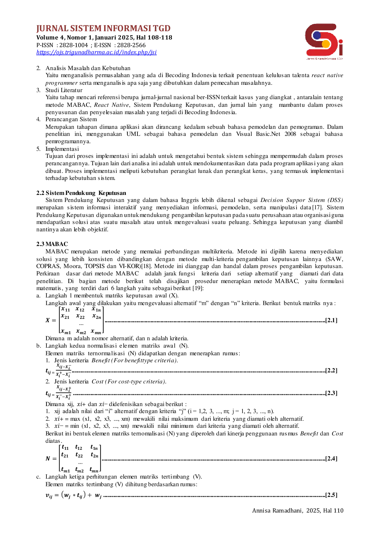 JURIS Sistem Pendukung Keputusan Dalam Asesmen Kelulusan Talenta React Native Programmer Menggunakan Metode MABAC