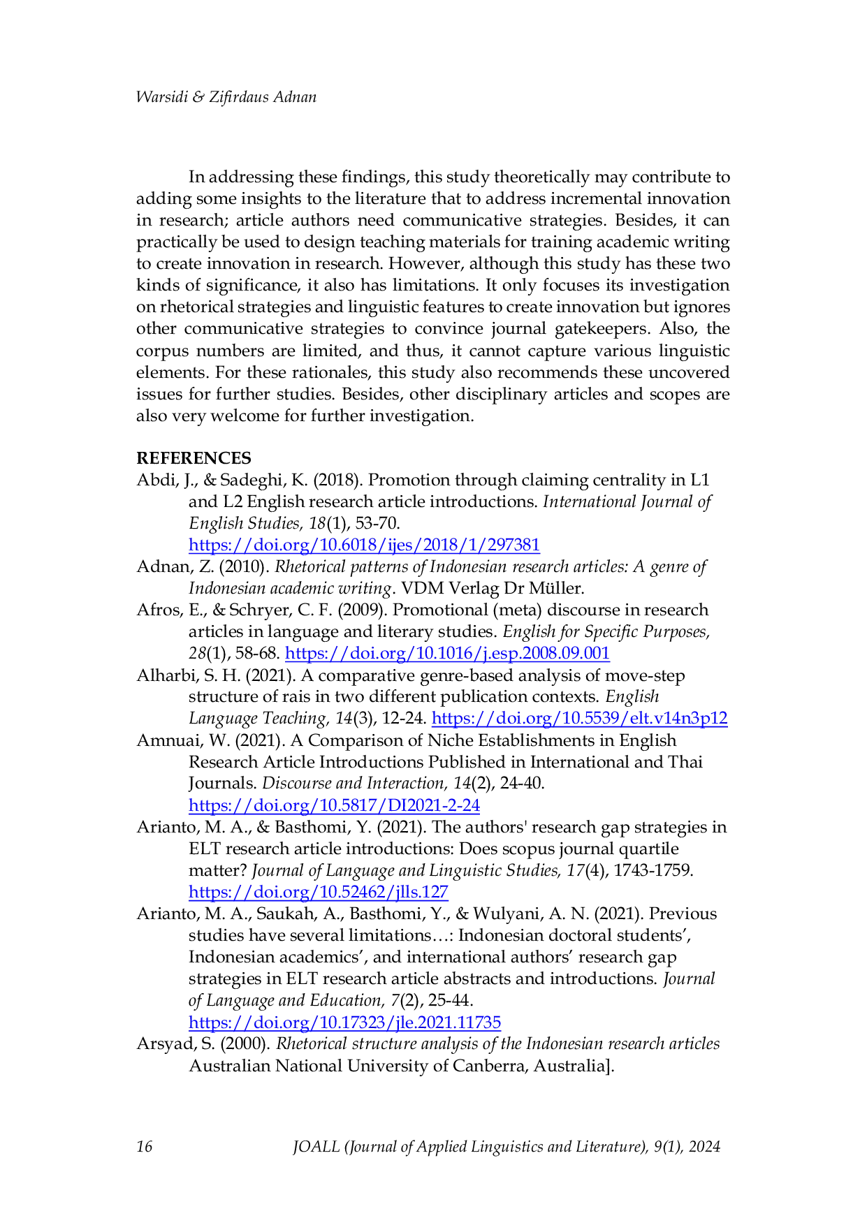 JURIS The rhetorical strategies to create incremental innovation in applied linguistics research articles
