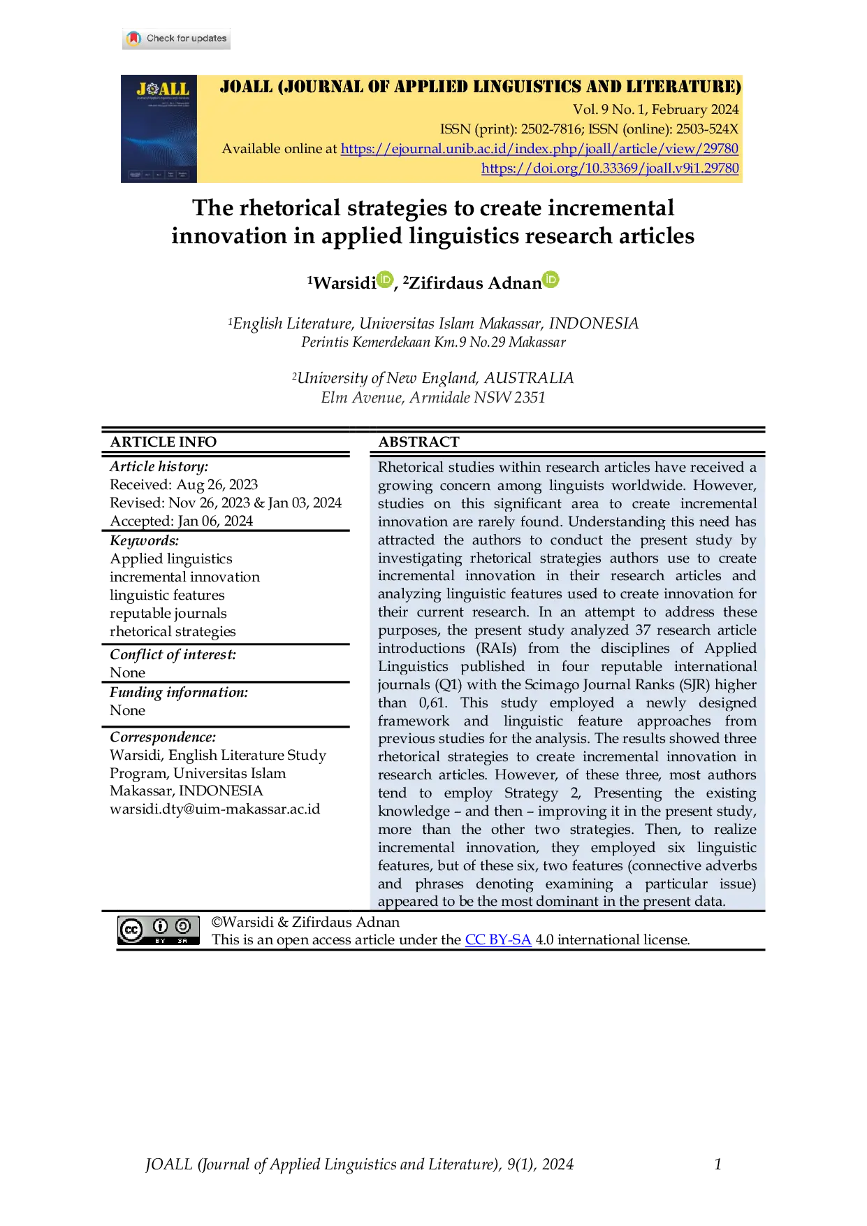 JURIS The rhetorical strategies to create incremental innovation in applied linguistics research articles