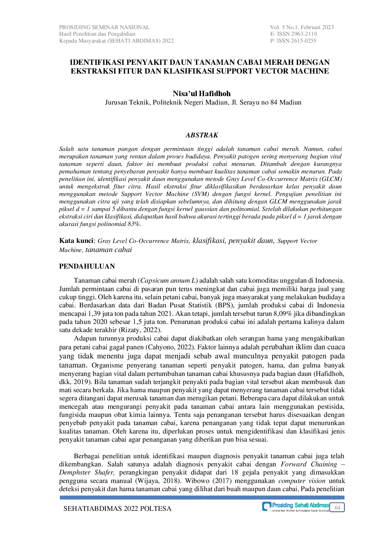 JURIS Identifikasi Penyakit Daun Tanaman Cabai Merah Dengan Ekstraksi Fitur Dan Klasifikasi Support Vector Machine