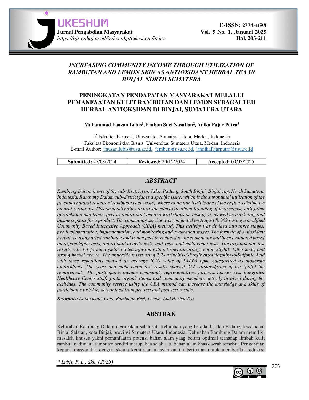 JURIS Increasing Community Income Through Utilization of Rambutan and Lemon Skin as Antioxidant Herbal Tea in Binjai North Sumatera Peningkatan Pendapatan Masyarakat Melalui Pemberdayaan Kulit Rambutan da