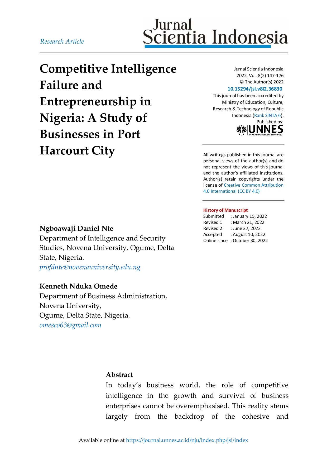 JURIS Competitive Intelligence Failure and Entrepreneurship in Nigeria A Study of Businesses in Port Harcourt City