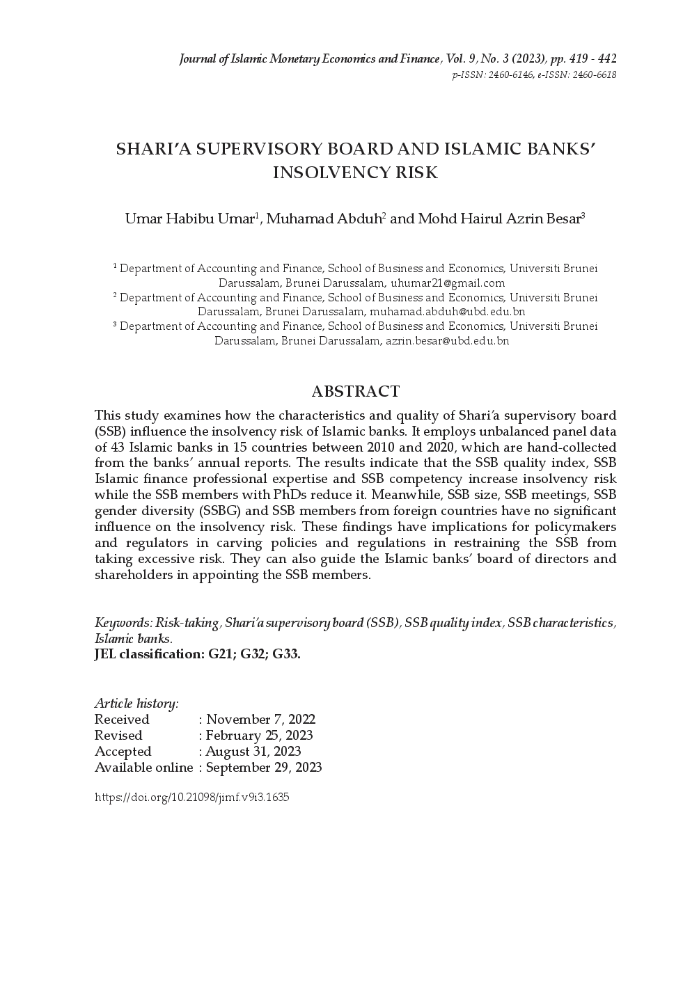 juris Shari a Supervisory Board and Islamic Banks Insolvency Risk