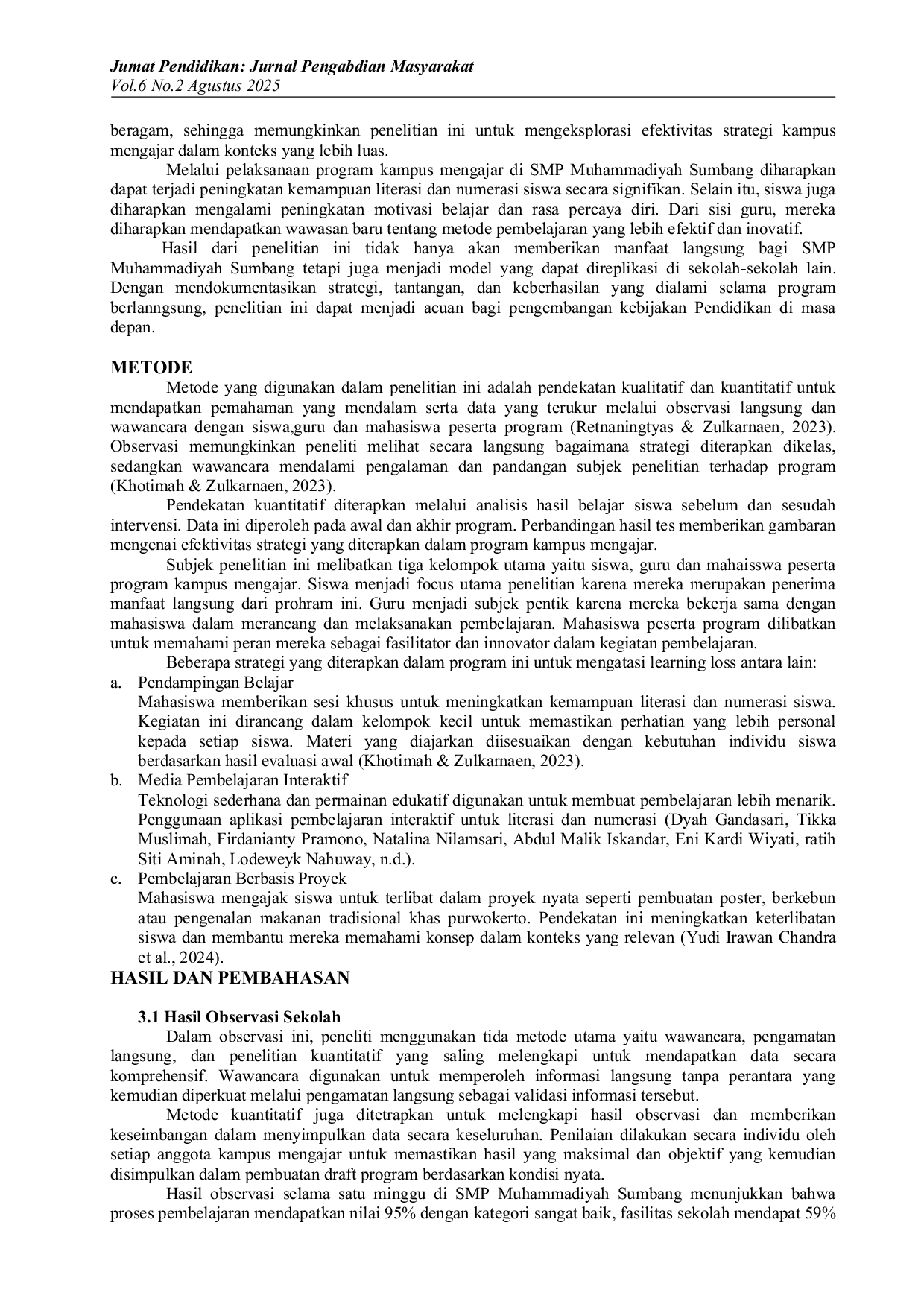 JURIS Implementasi Strategi Kampus Mengajar untuk Mengurangi Learning Loss Pada Siswa SMP Muhammadiyah Sumbang