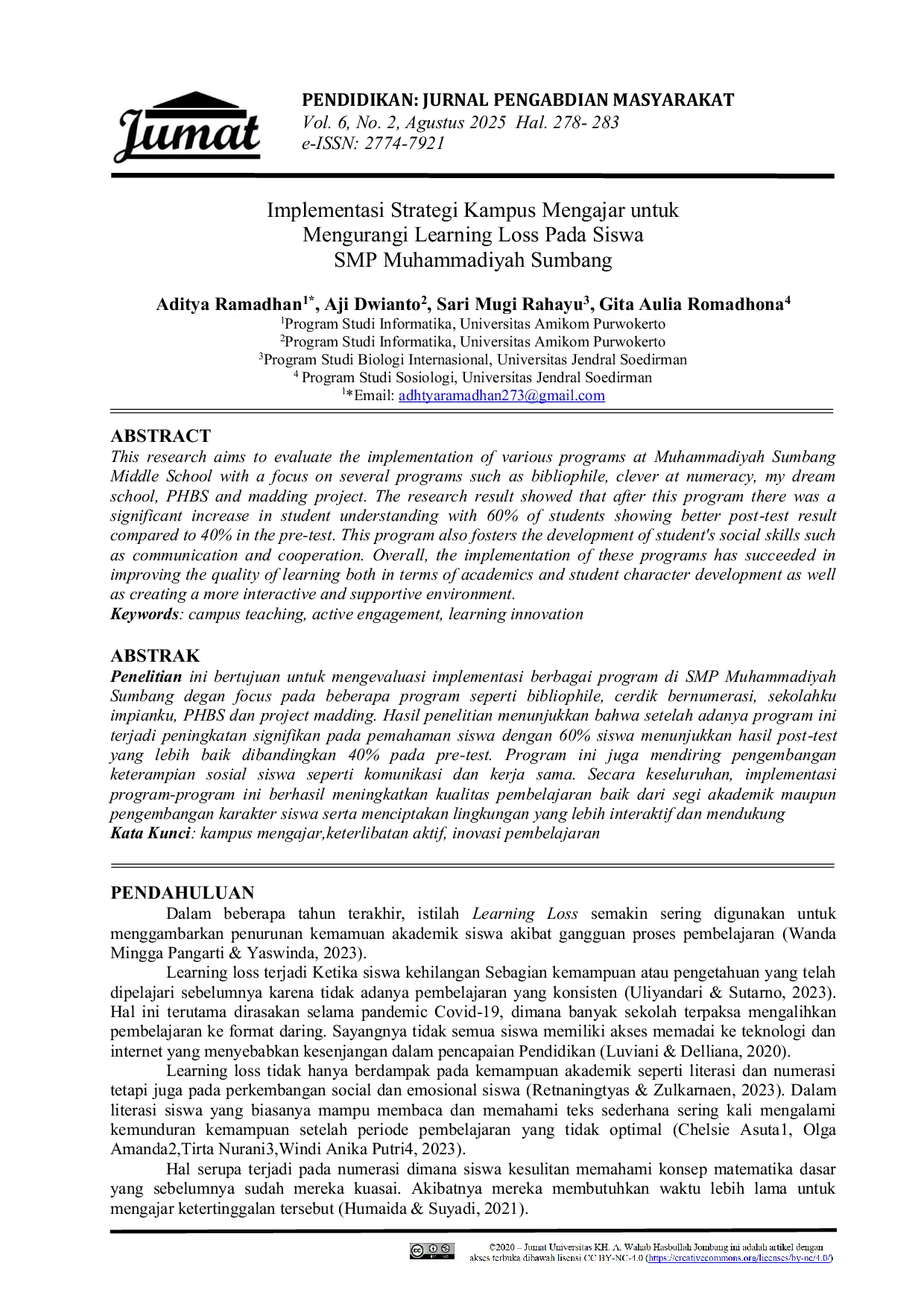 JURIS Implementasi Strategi Kampus Mengajar untuk Mengurangi Learning Loss Pada Siswa SMP Muhammadiyah Sumbang