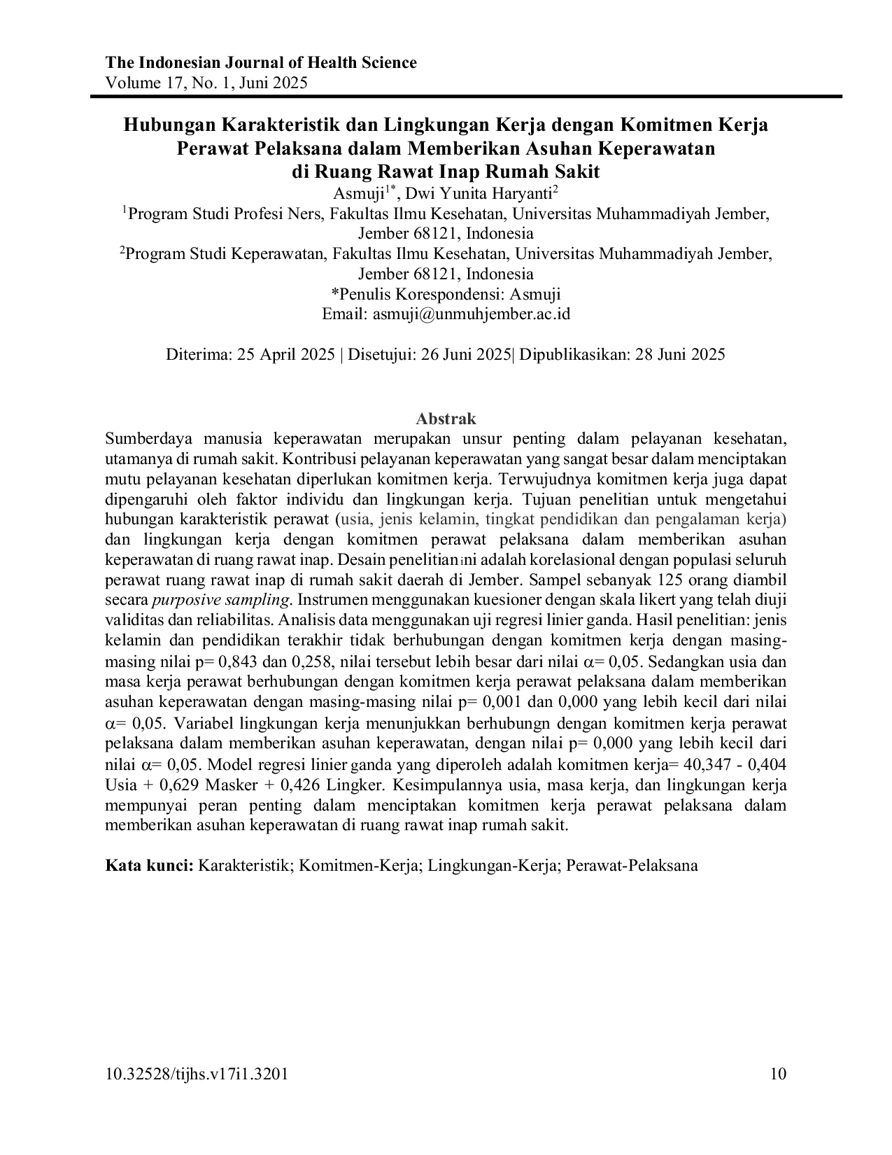 JURIS Hubungan Karakteristik SDM dan Lingkungan Kerja dengan Komitmen Kerja Perawat Pelaksana dalam Memberikan Asuhan Keperawatan di Ruang Rawat Inap Rumah Sakit
