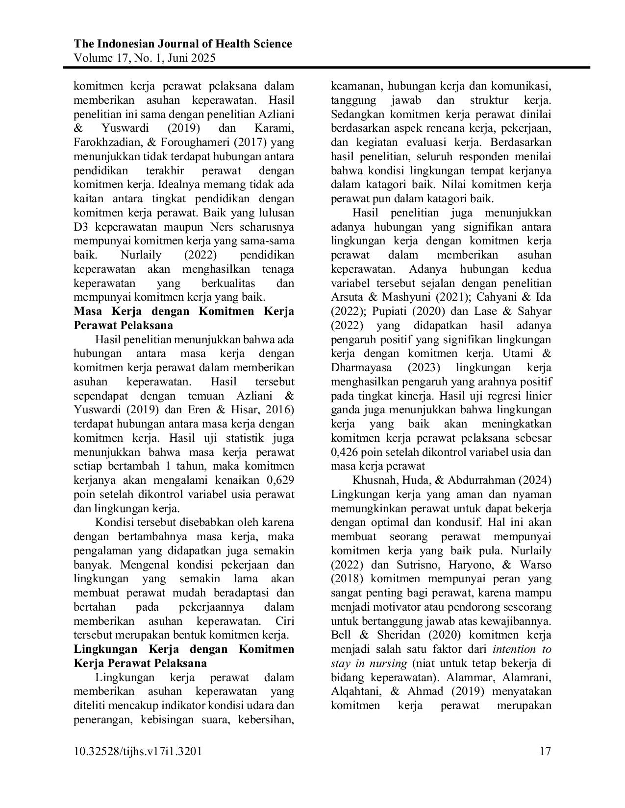 JURIS Hubungan Karakteristik SDM dan Lingkungan Kerja dengan Komitmen Kerja Perawat Pelaksana dalam Memberikan Asuhan Keperawatan di Ruang Rawat Inap Rumah Sakit