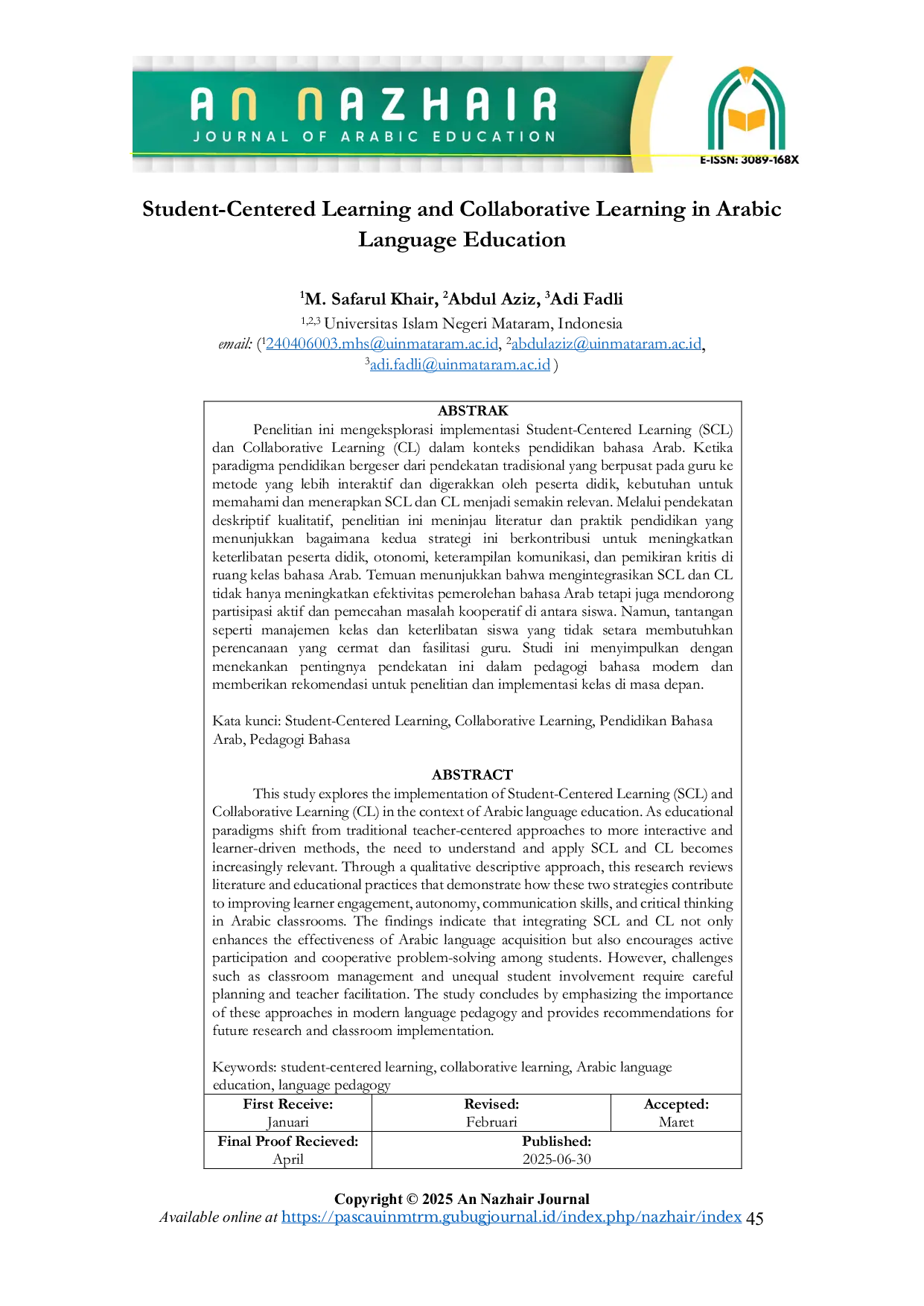 JURIS Student Centered Learning and Collaborative Learning in Arabic Language Education